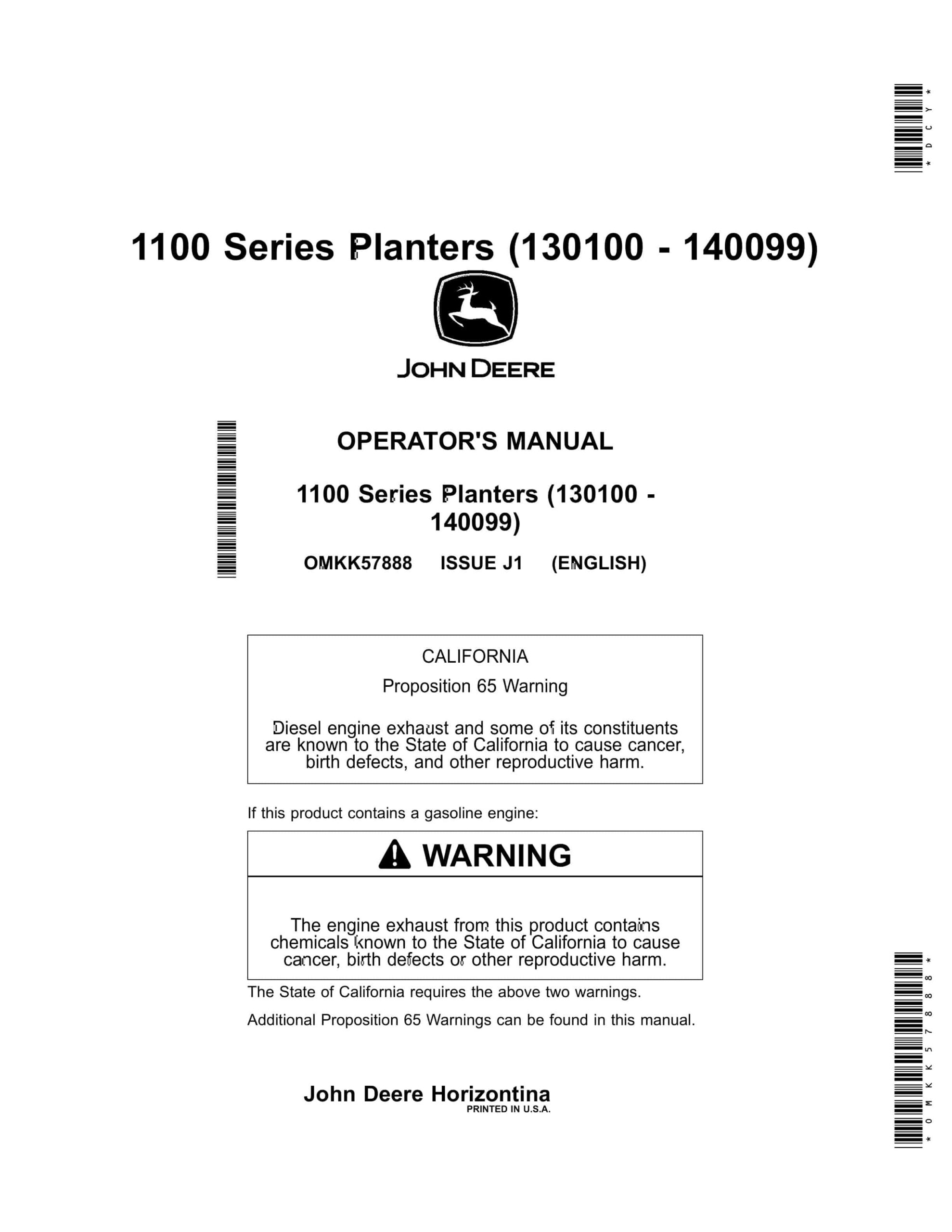 John Deere 1100 Series Planter Operator Manual OMKK57888-1