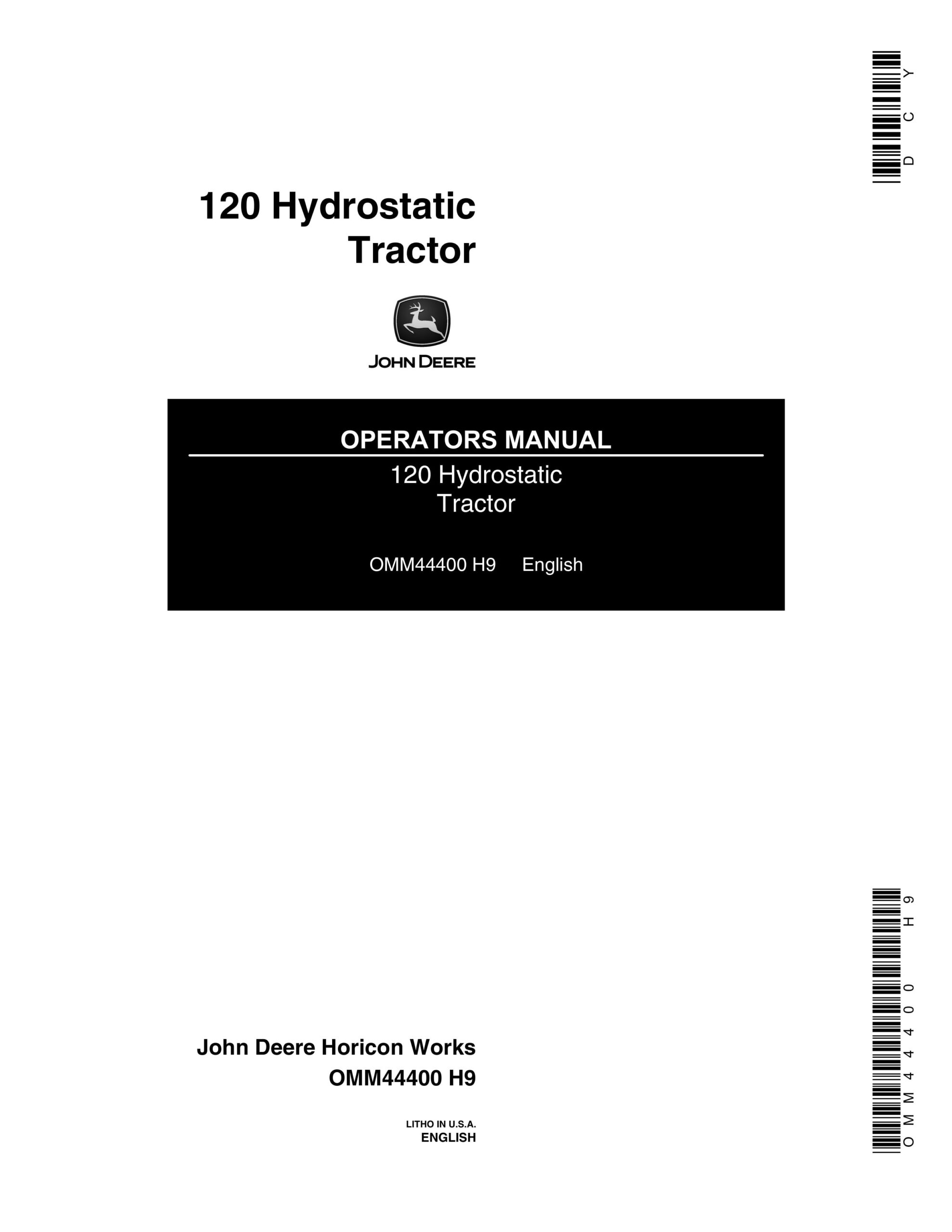 John Deere 120 Hydrostatic Tractor Operator Manual OMM44400-1