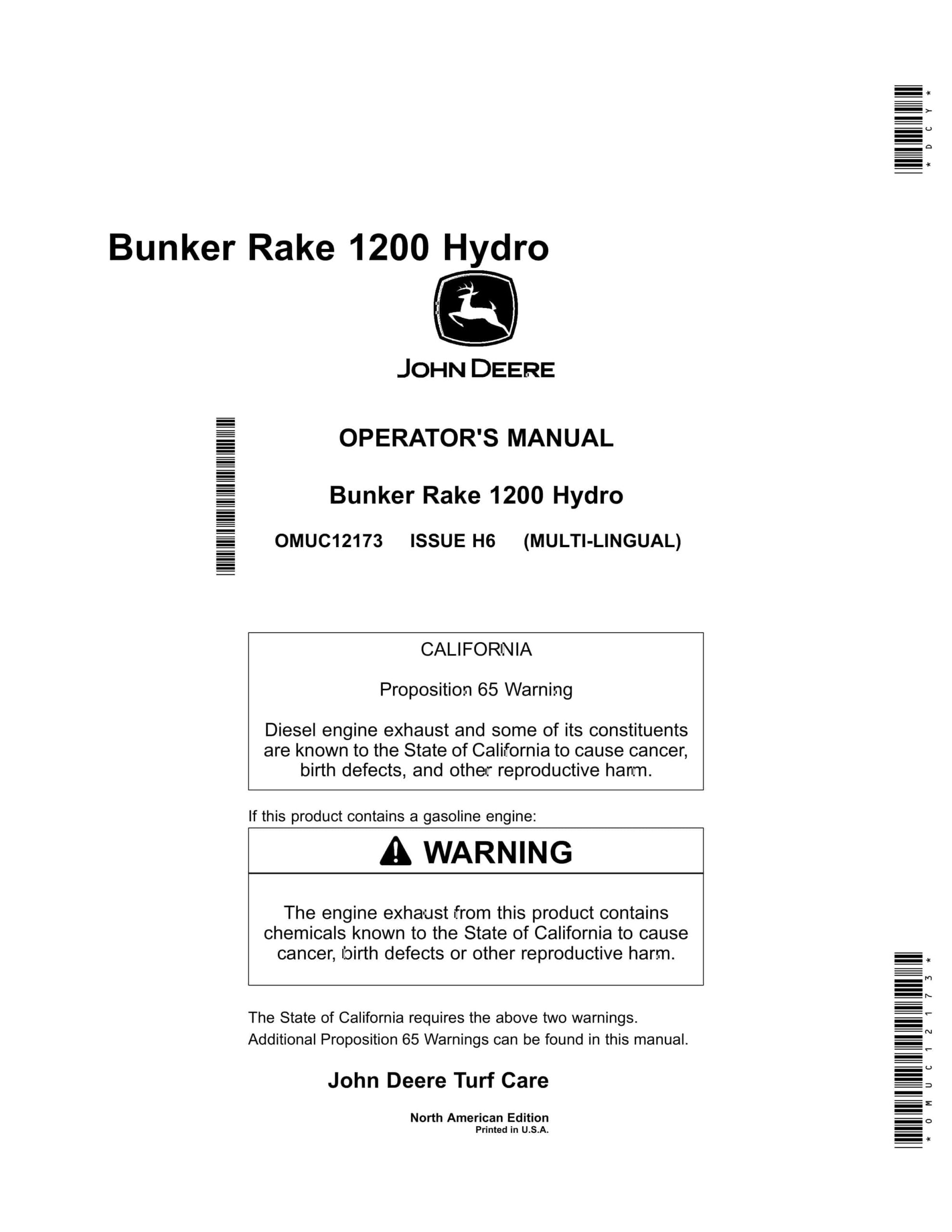 John Deere 1200 Hydro Bunker Rakes Operator Manual OMUC12173-1