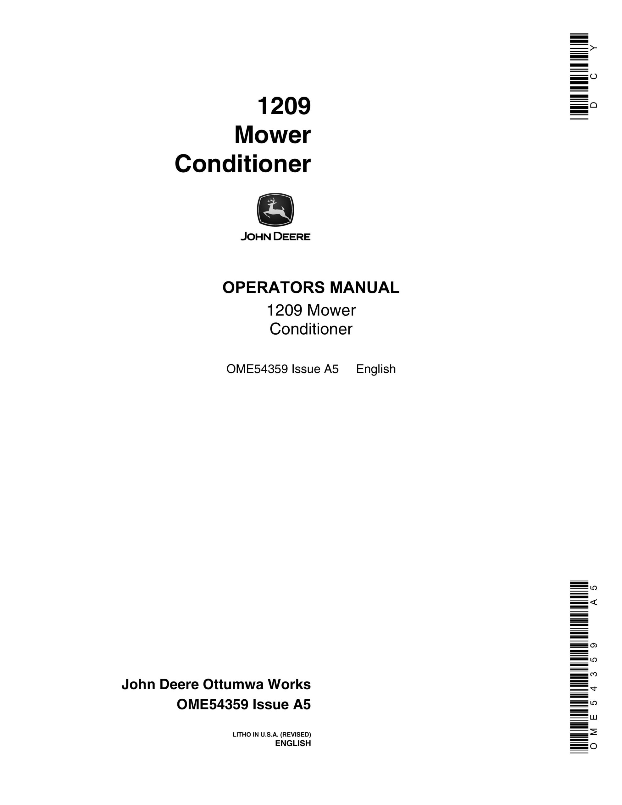 John Deere 1209 Mower Conditioner Operator Manual OME54359-1