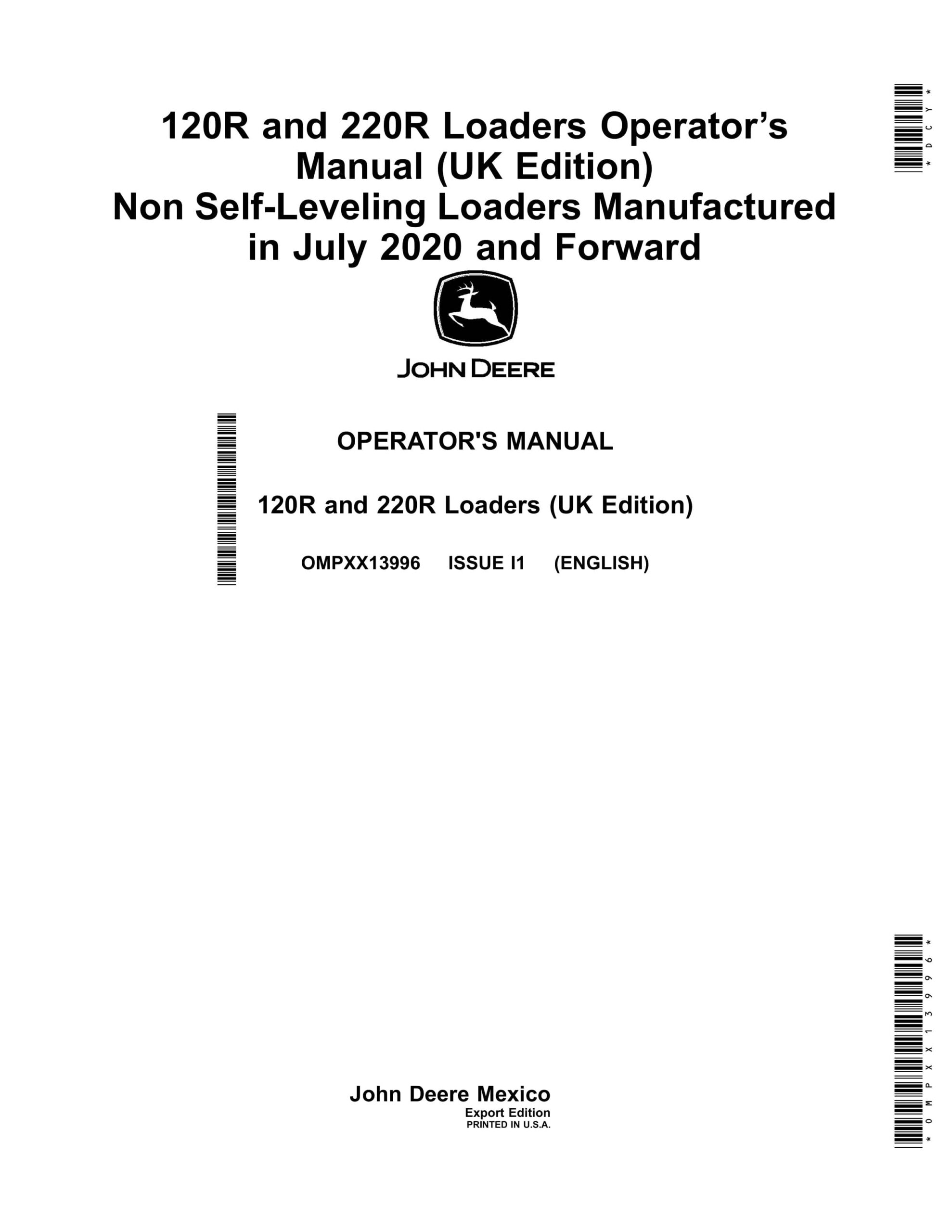 John Deere 120R and 220R Loaders Operator Manual OMPXX13996-1