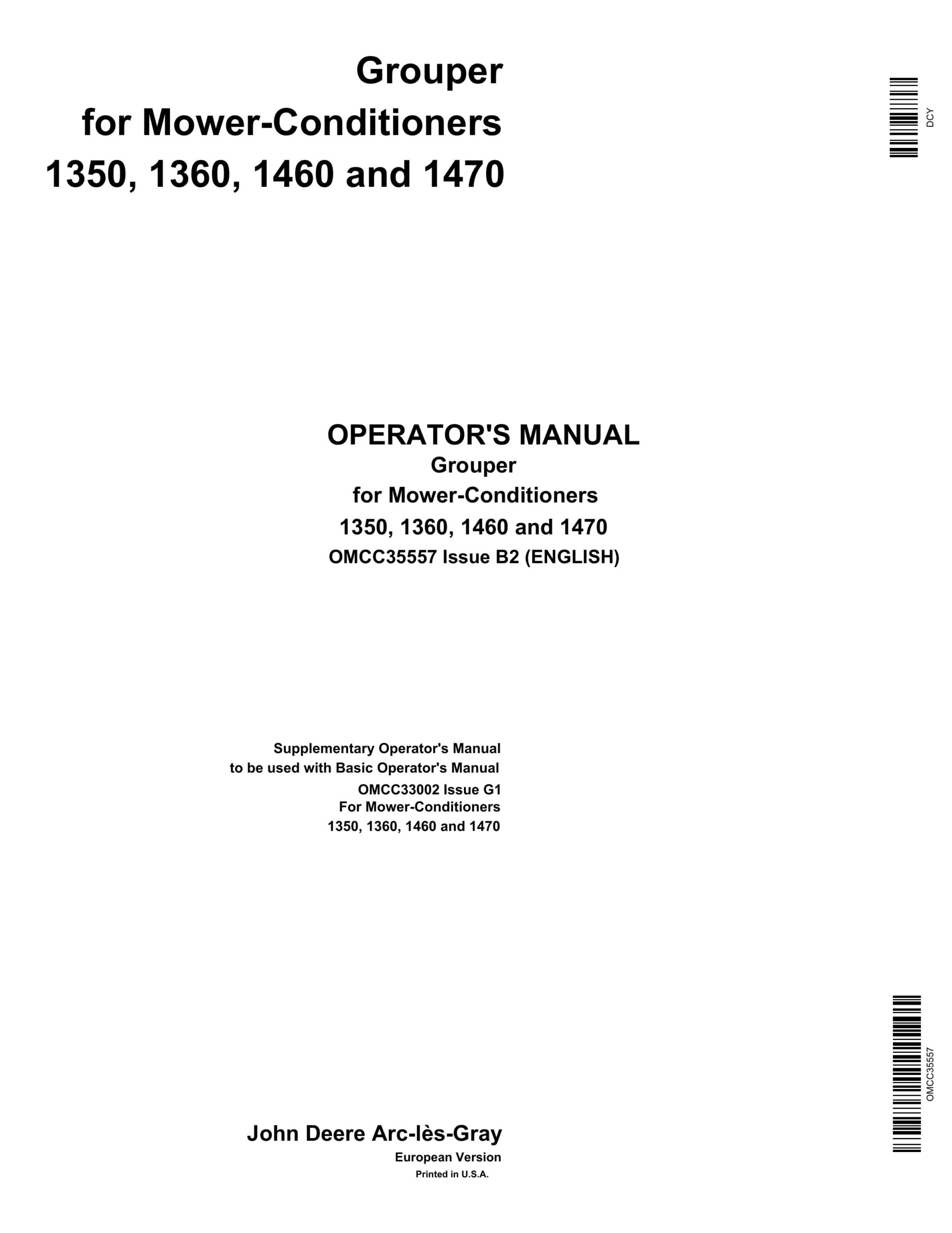 John Deere 1350, 1360, 1460 AND 1470 Grouper for Mower-Conditioner Operator Manual OMCC35557-1