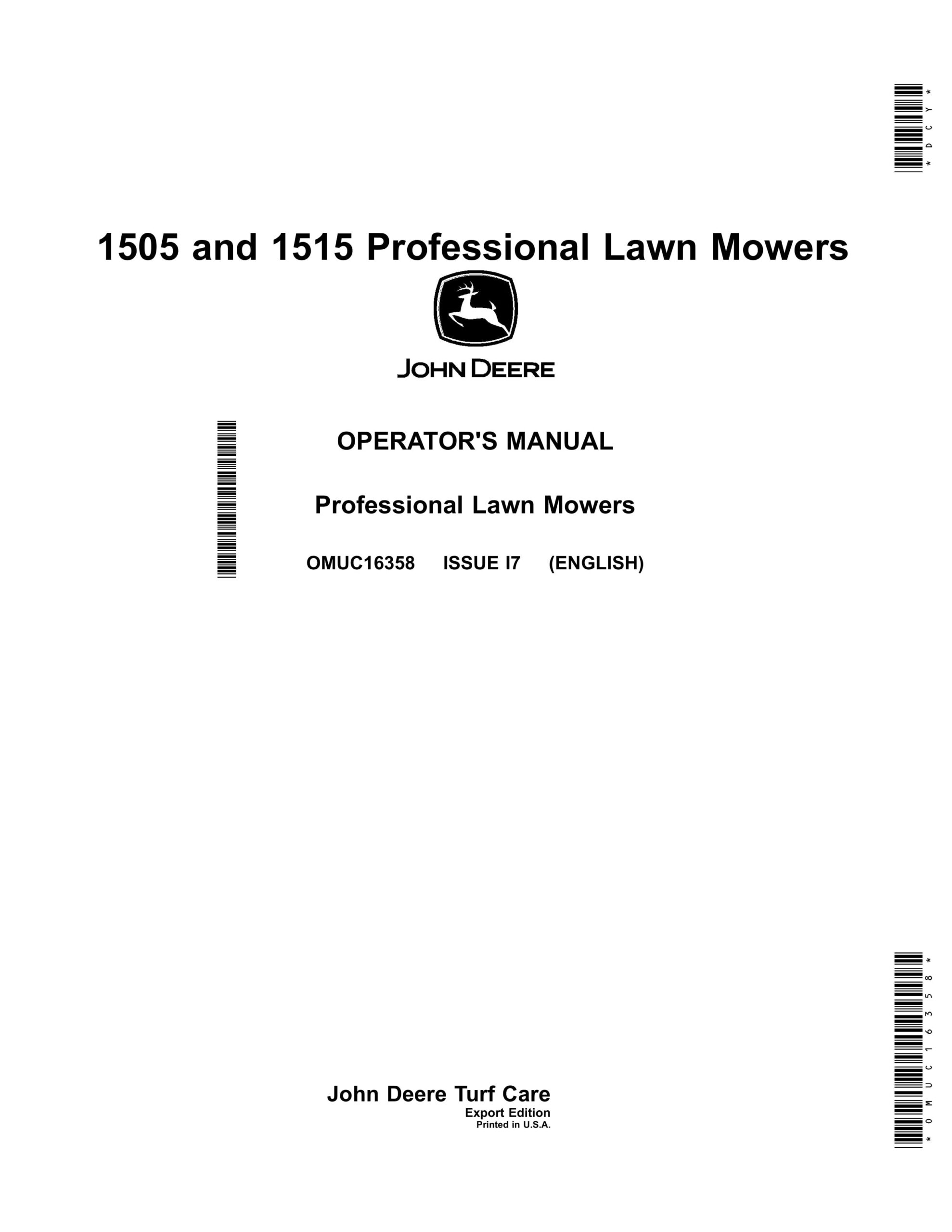 John Deere 1505 and 1515 Professional Lawn Mowers Operator Manual OMUC16358-1