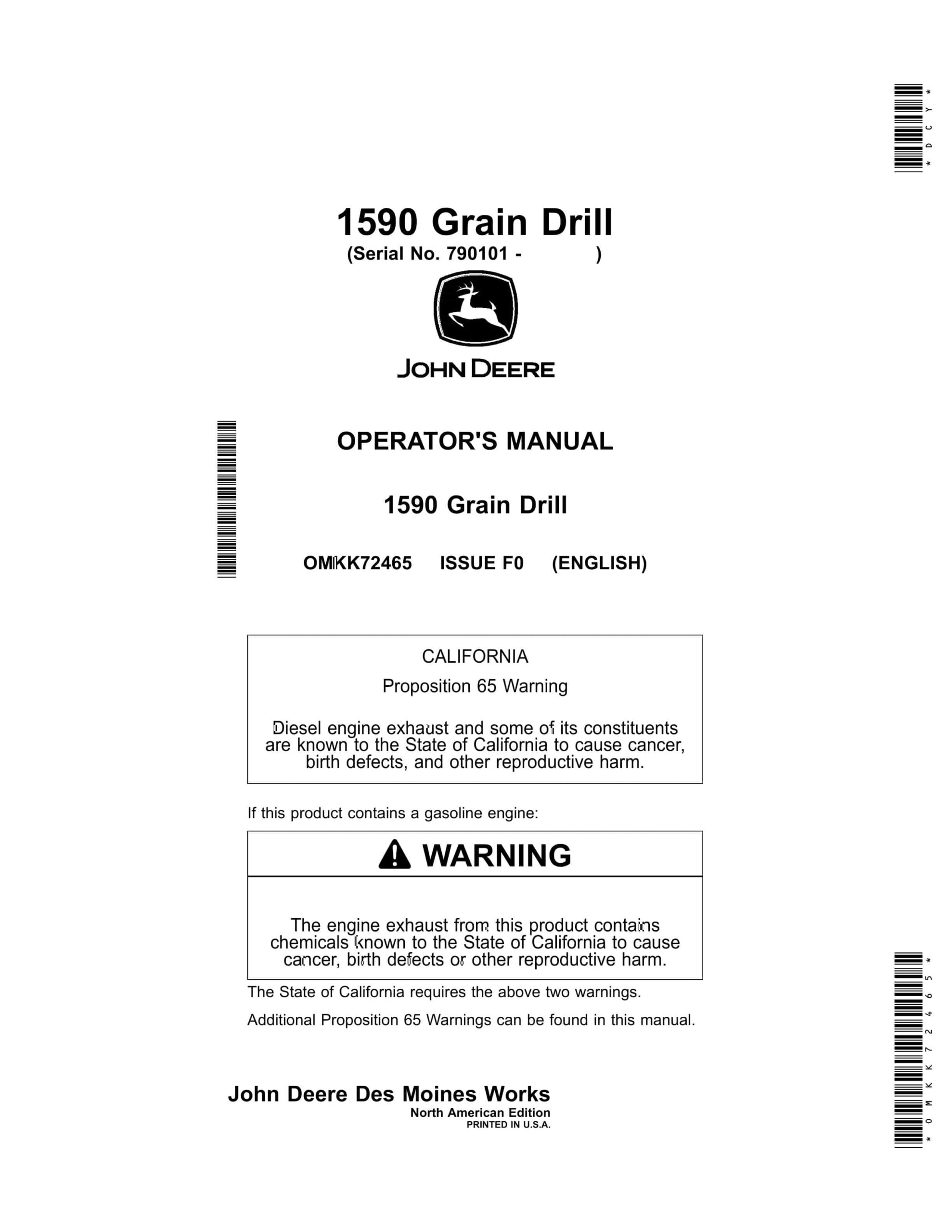 John Deere 1590 Grain Drill Operator Manual OMKK72465-1