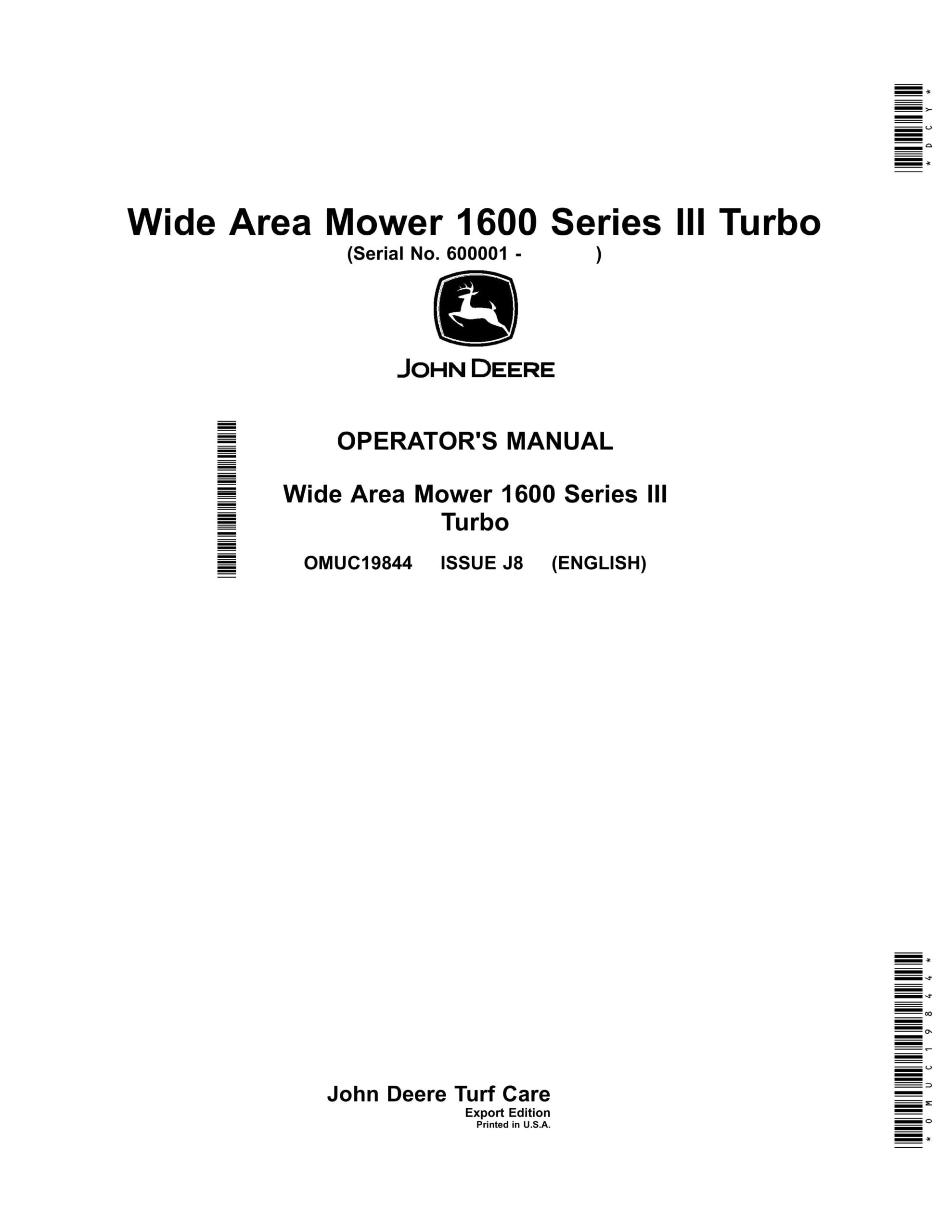 John Deere 1600 Series III Turbo Wide Area Mower Operator Manual OMUC19844-1