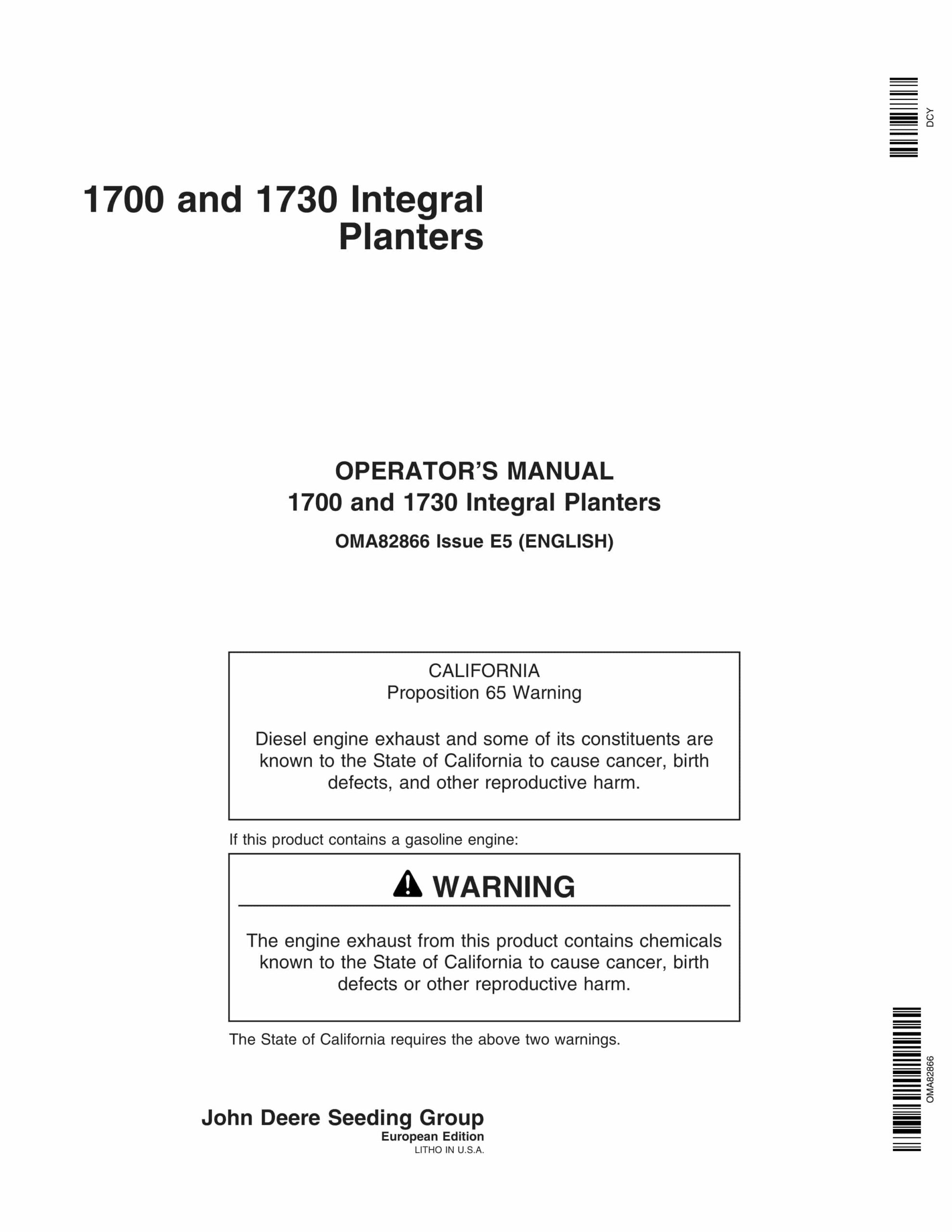 John Deere 1700 and 1730 Integral Planter Operator Manual OMA82866-1