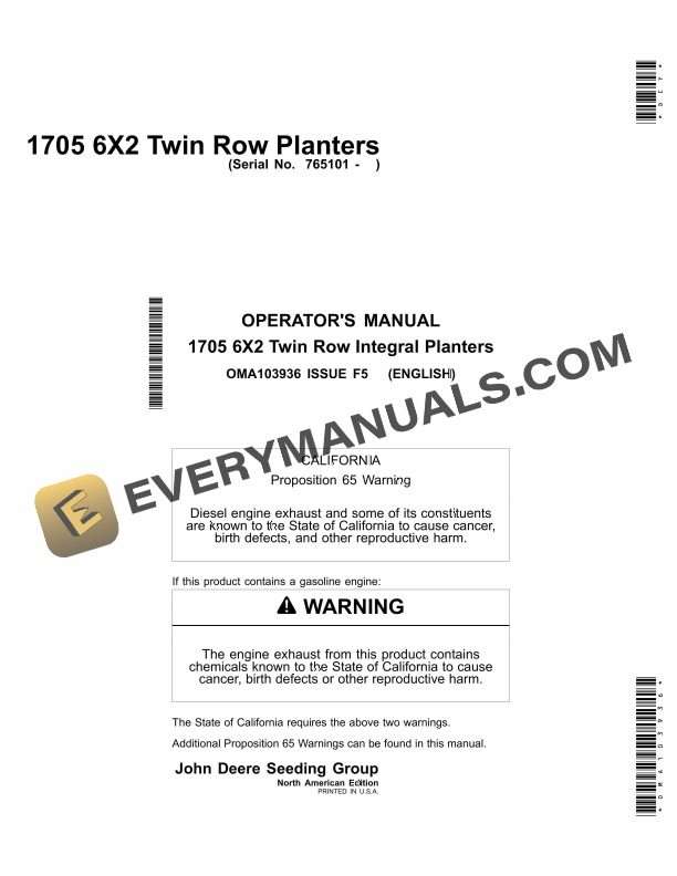 John Deere 1705 6X2 Twin Row Integral Planter Operator Manual OMA103936