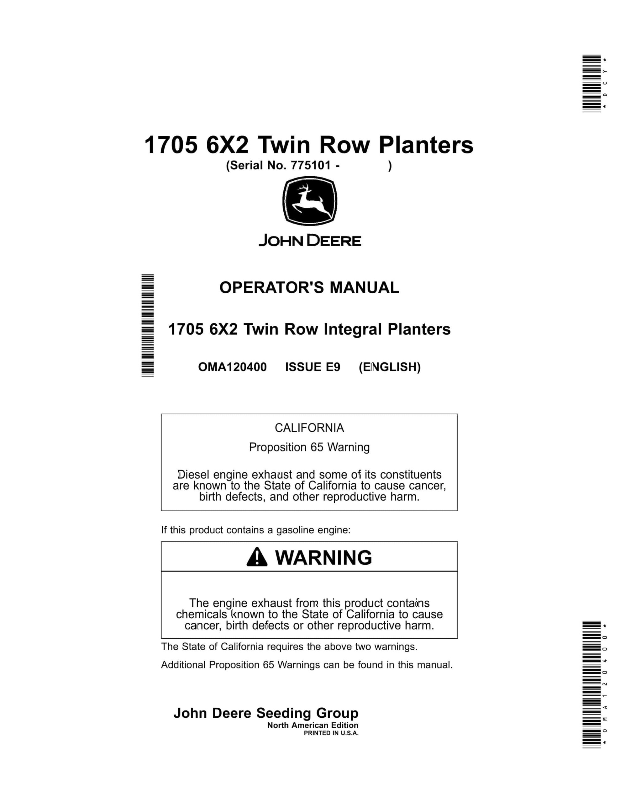John Deere 1705 6X2 Twin Row Planter Operator Manual OMA120400-1