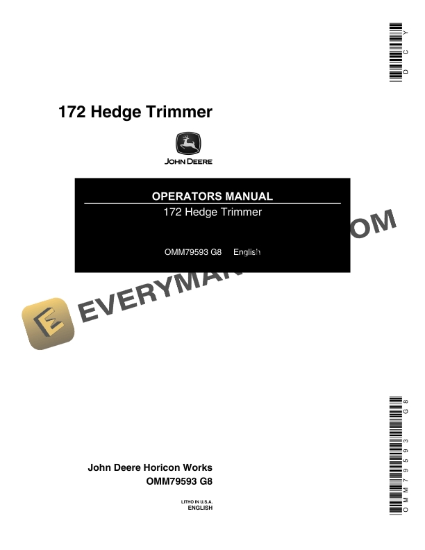 John Deere 172 Hedge Trimmer Operator Manual OMM79593