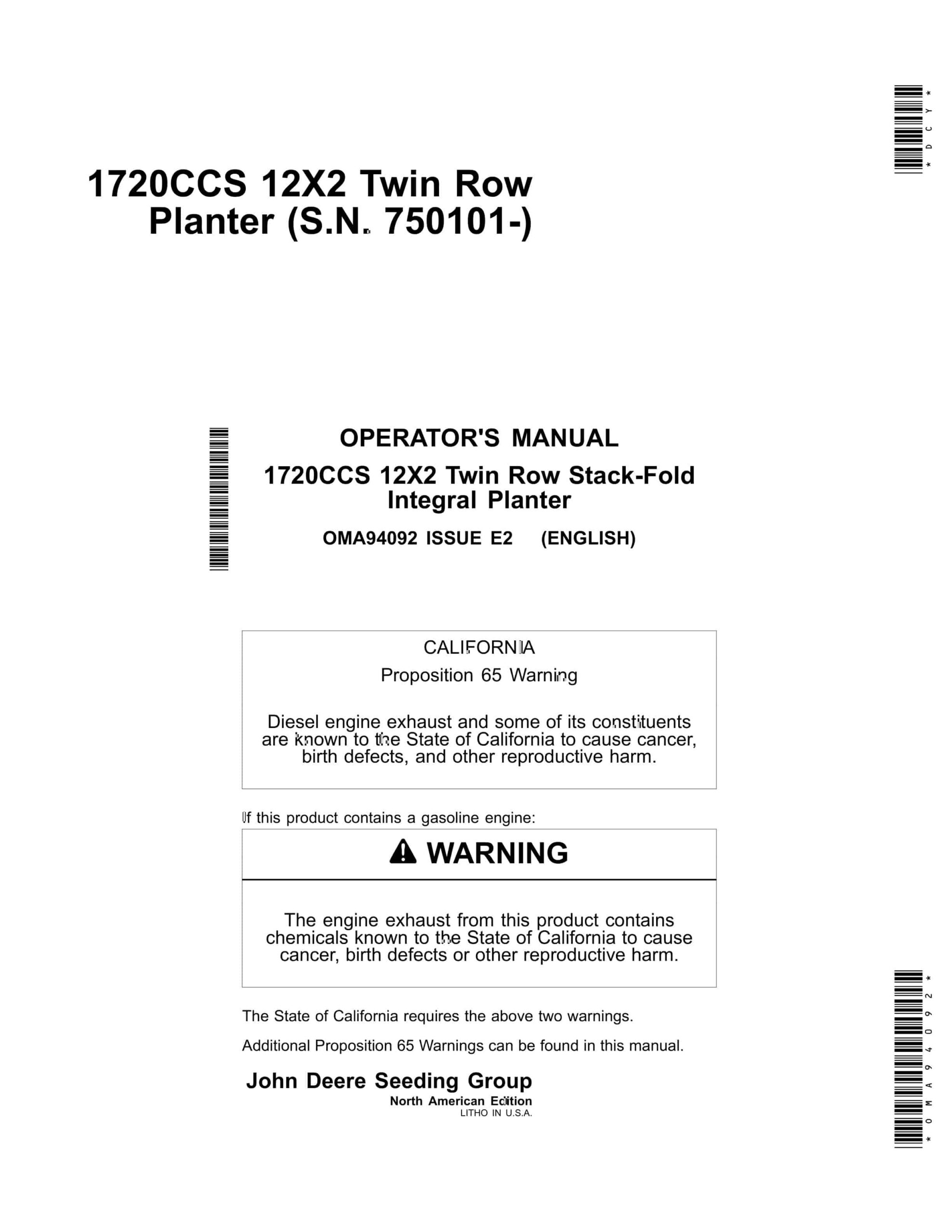 John Deere 1720CCS 12X2 Twin Row Stack-Fold Integral Planter Operator Manual OMA94092-1