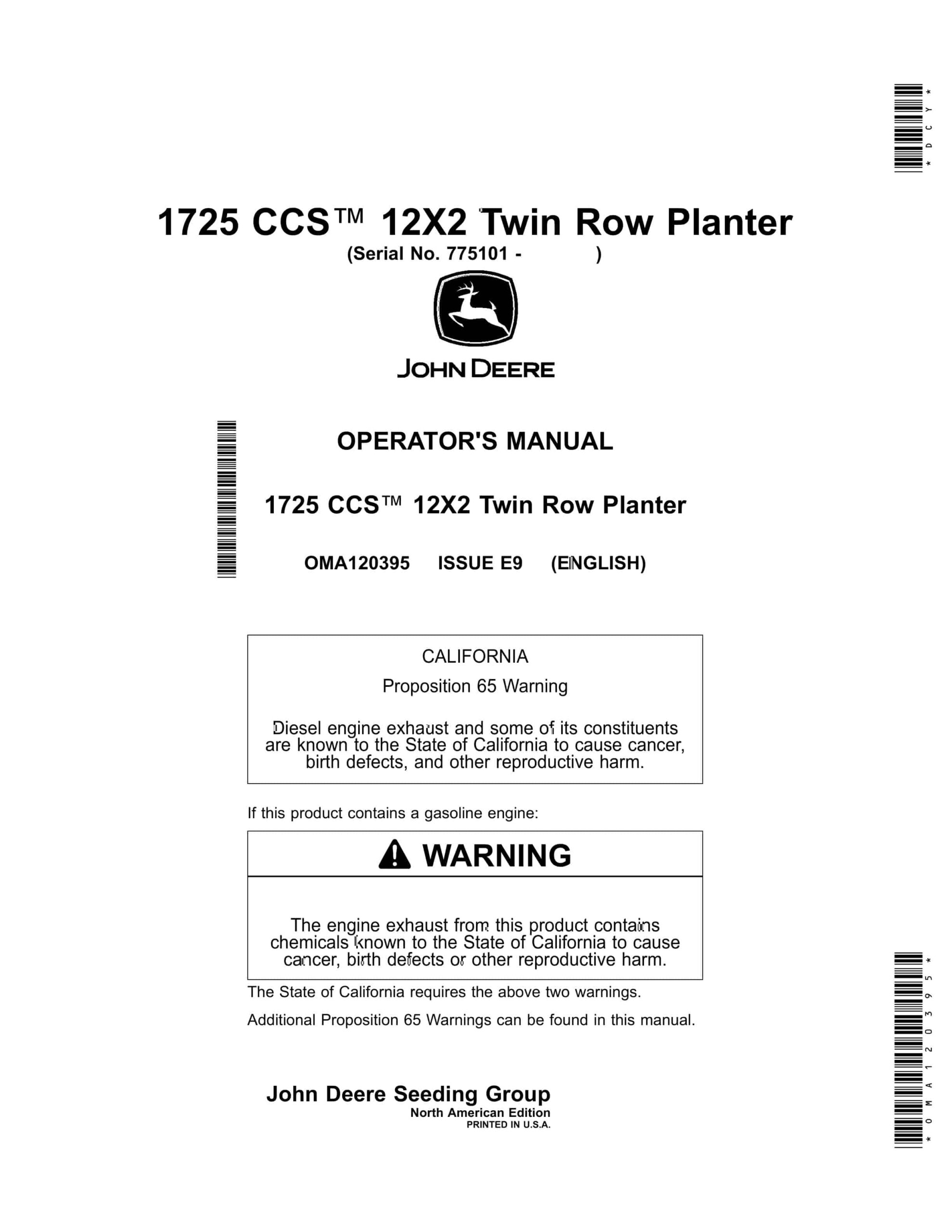 John Deere 1725 CCS 12X2 Twin Row Planter Operator Manual OMA120395-1
