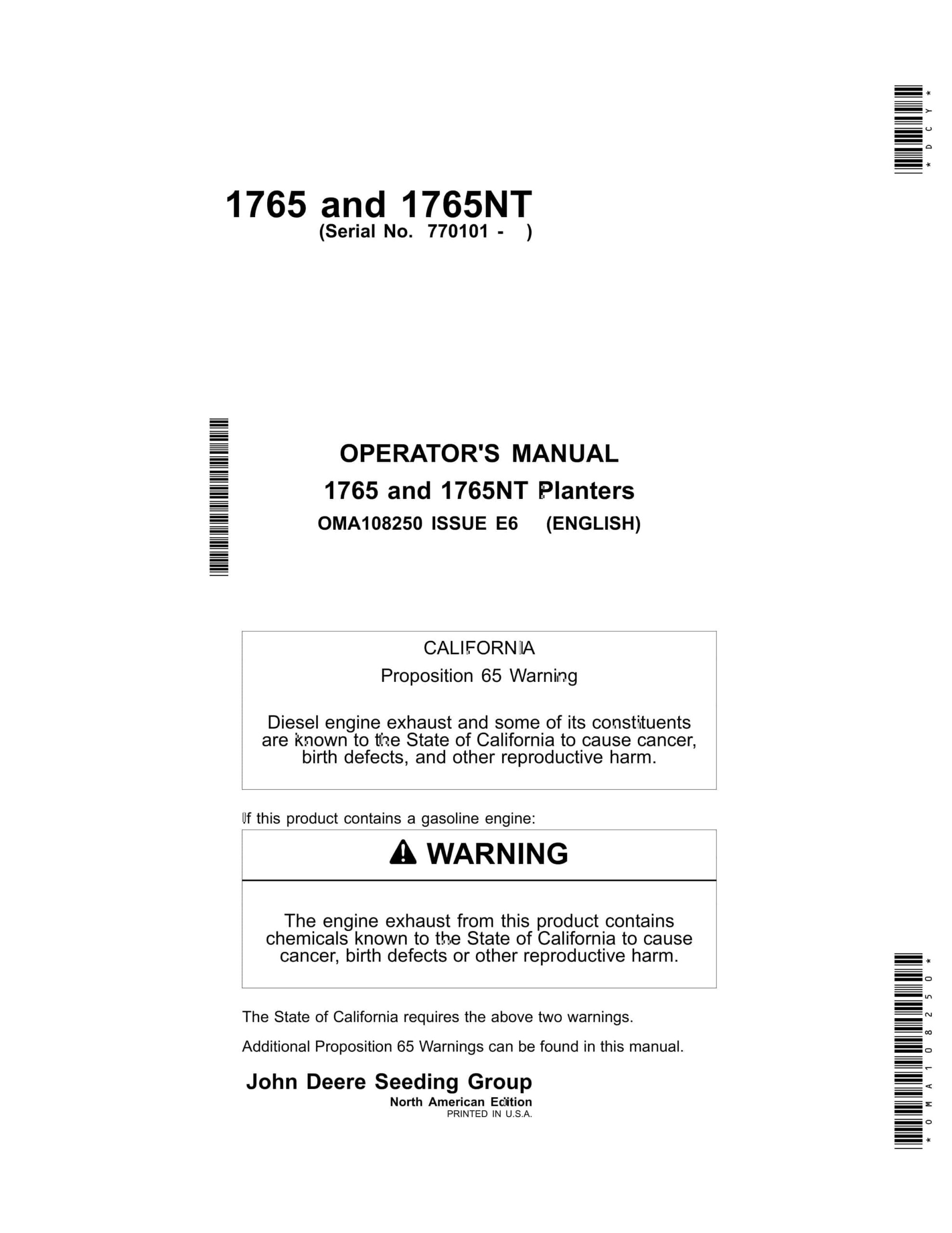 John Deere 1765 and 1765NT Planter Operator Manual OMA108250-1