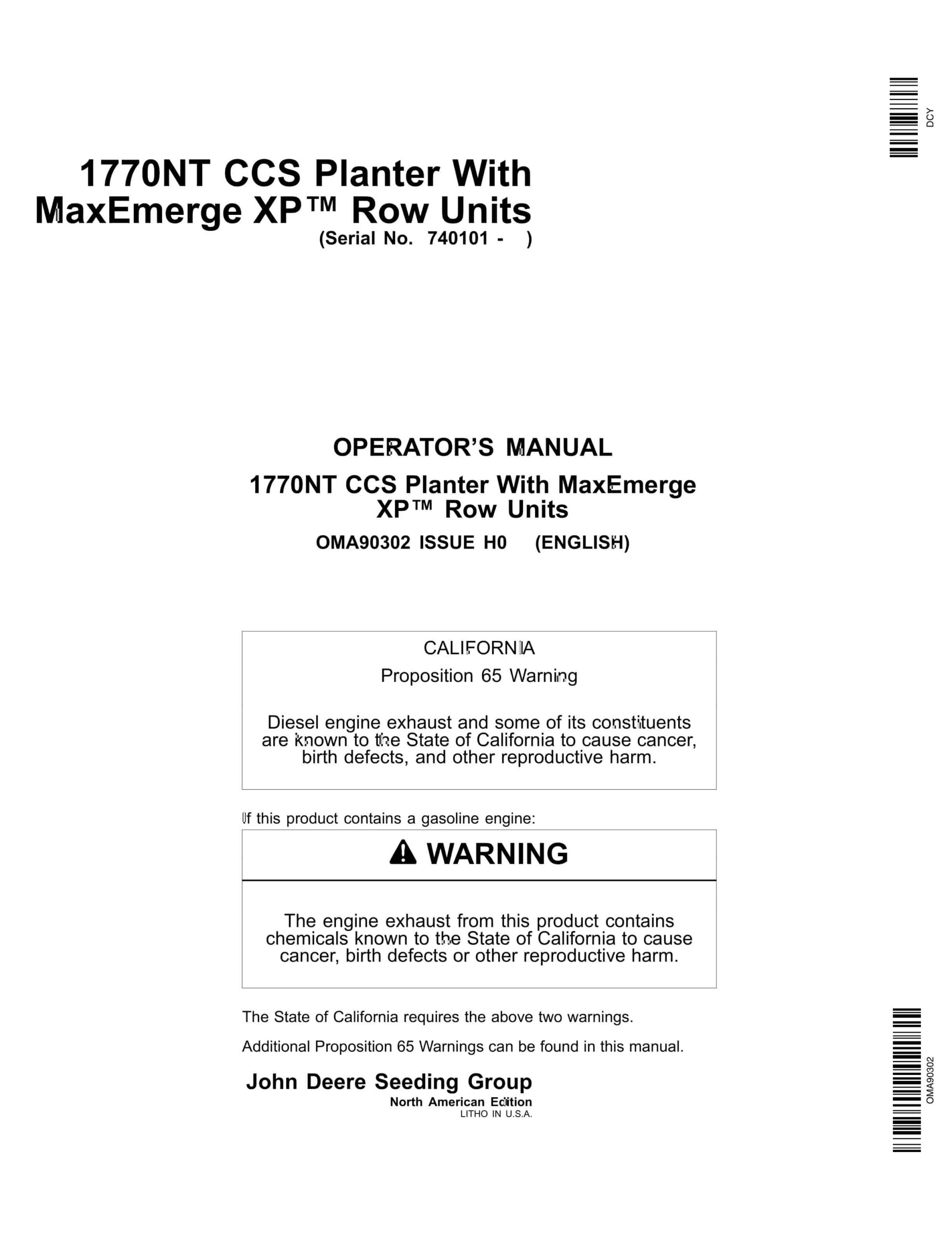 John Deere 1770NT CCS Planter With MaxEmerge XP Row Units Operator Manual OMA90302-1