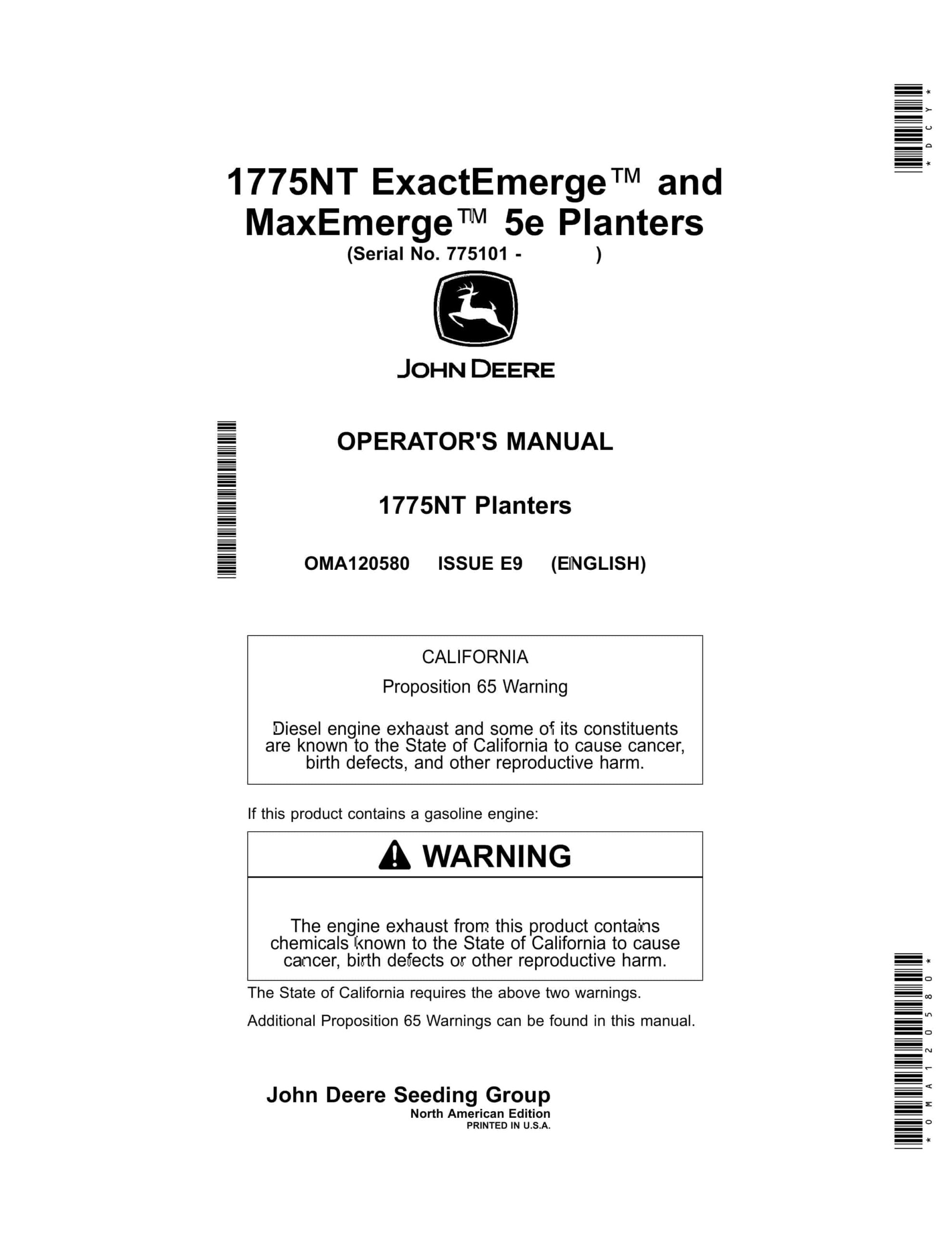 John Deere 1775NT ExactEmerge and MaxEmerge 5e Planter Operator Manual OMA120580-1