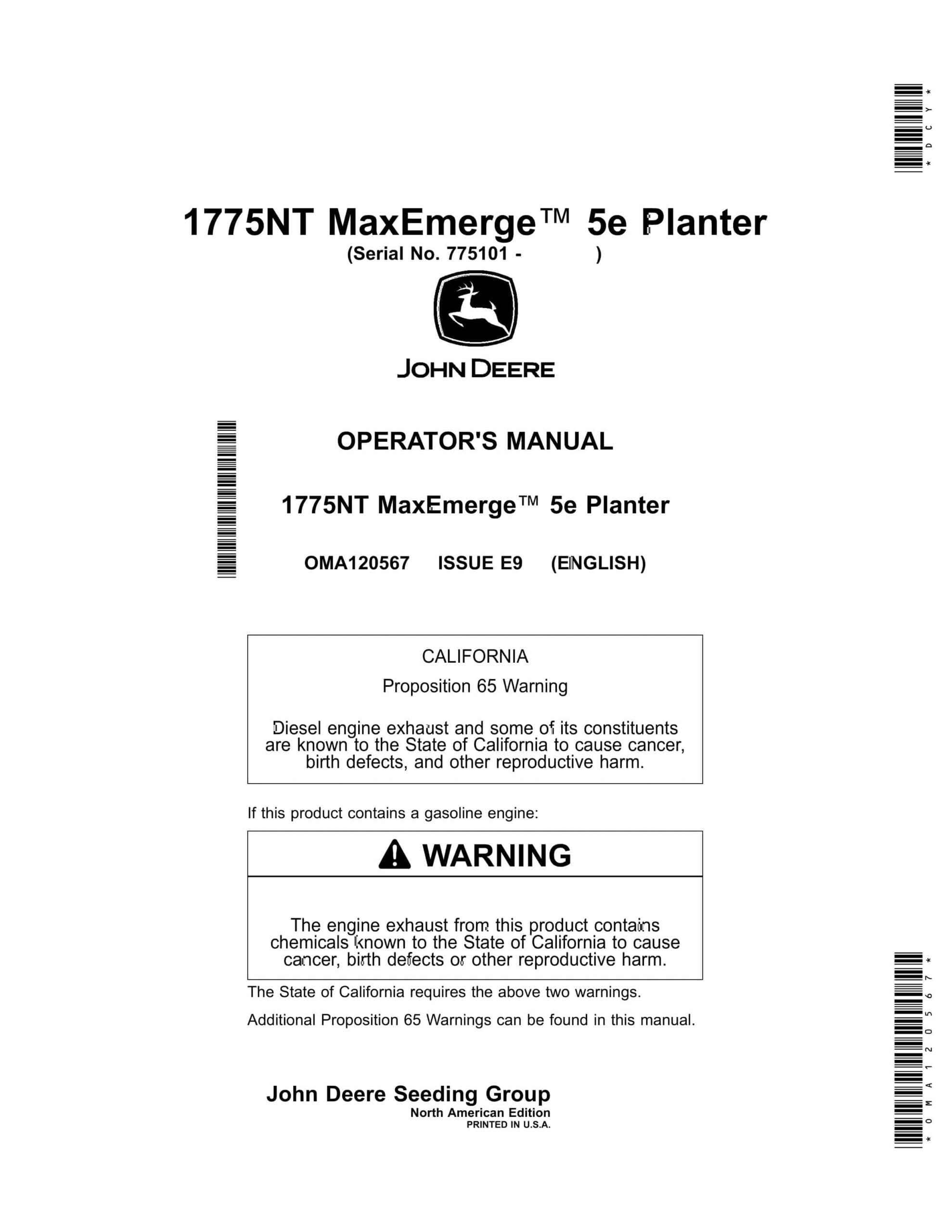 John Deere 1775NT MaxEmerge 5e Planter Operator Manual OMA120567-1
