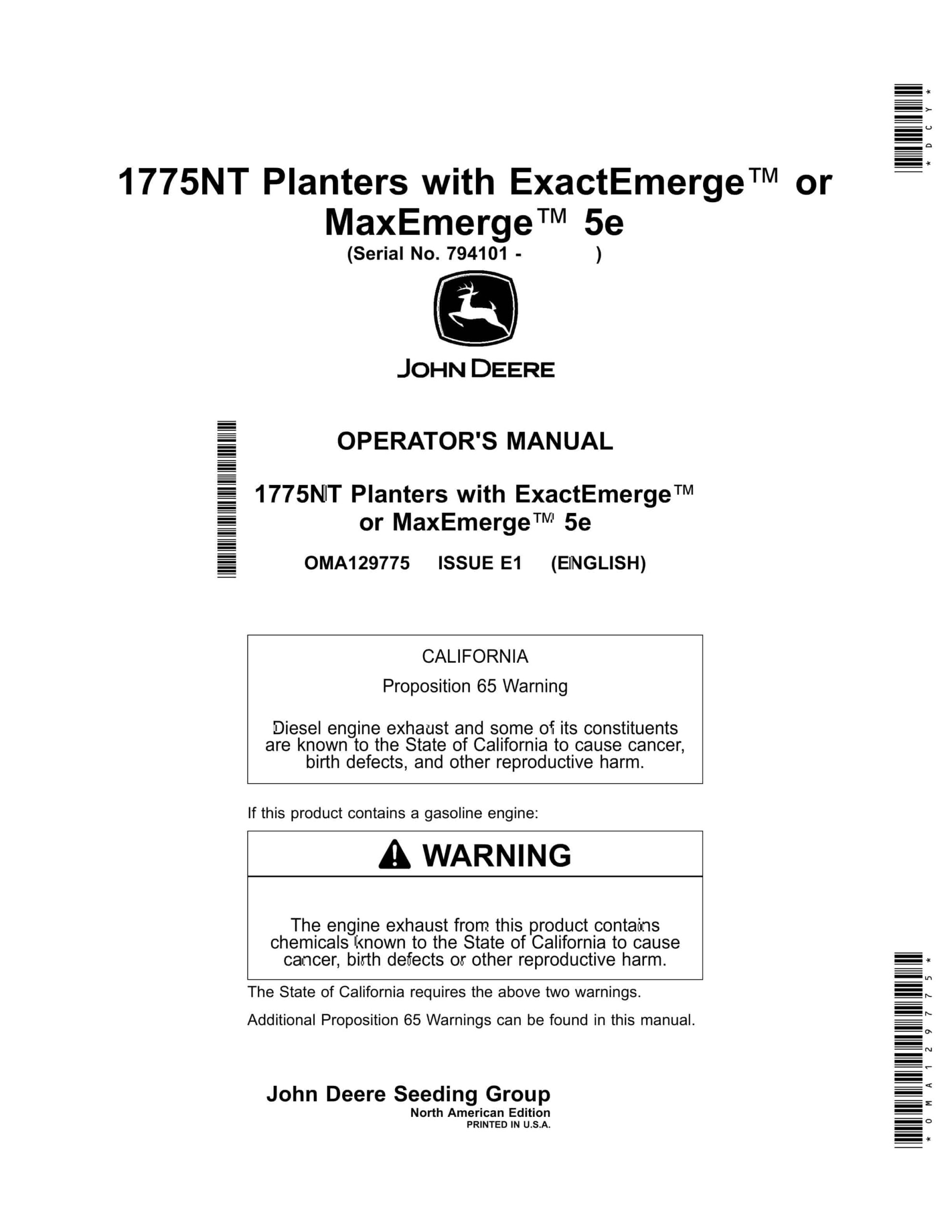 John Deere 1775NT Planters with ExactEmerge or MaxEmerge 5e Operator Manual OMA129775-1