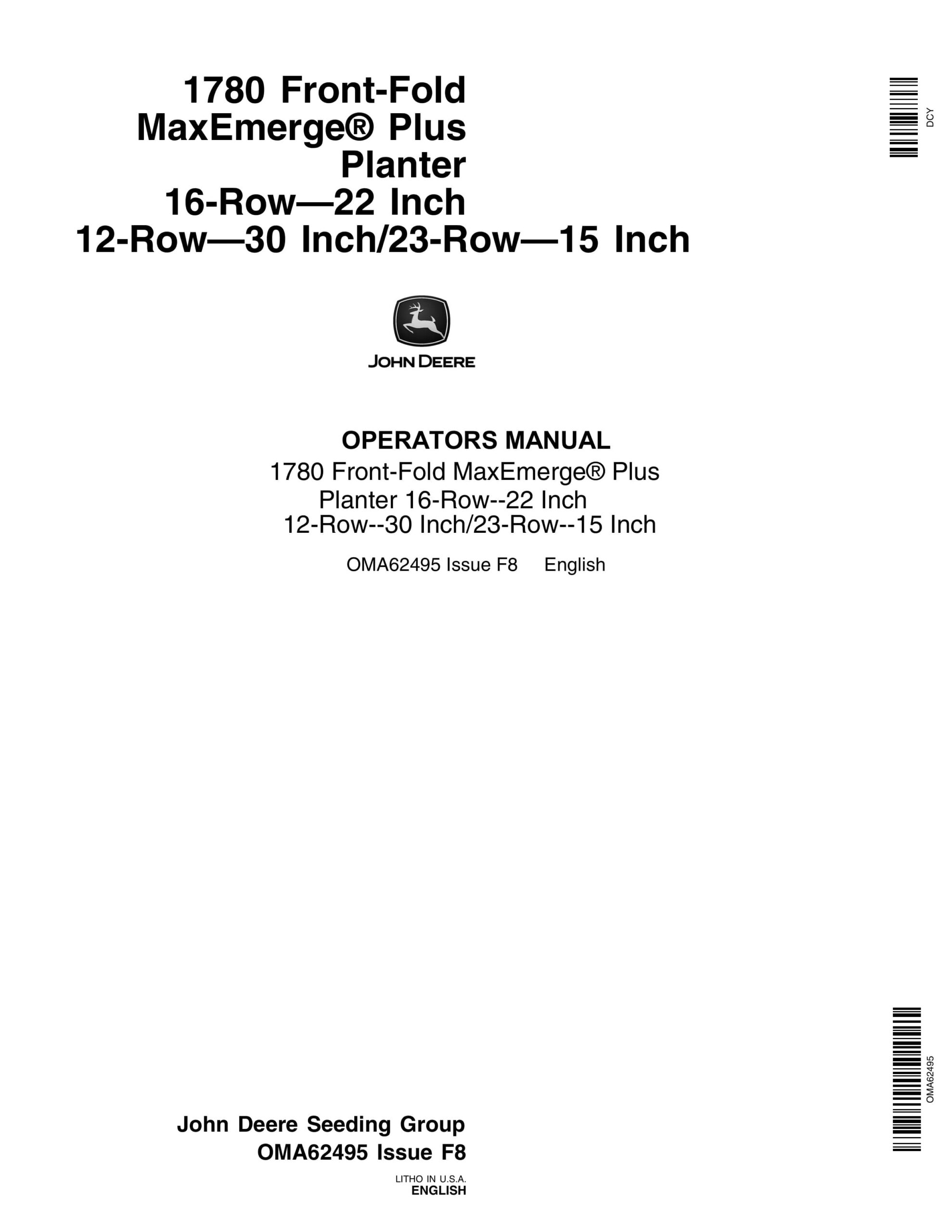 John Deere 1780 Front-Fold MaxEmerge Plus Planter 16 Operator Manual OMA62495-1
