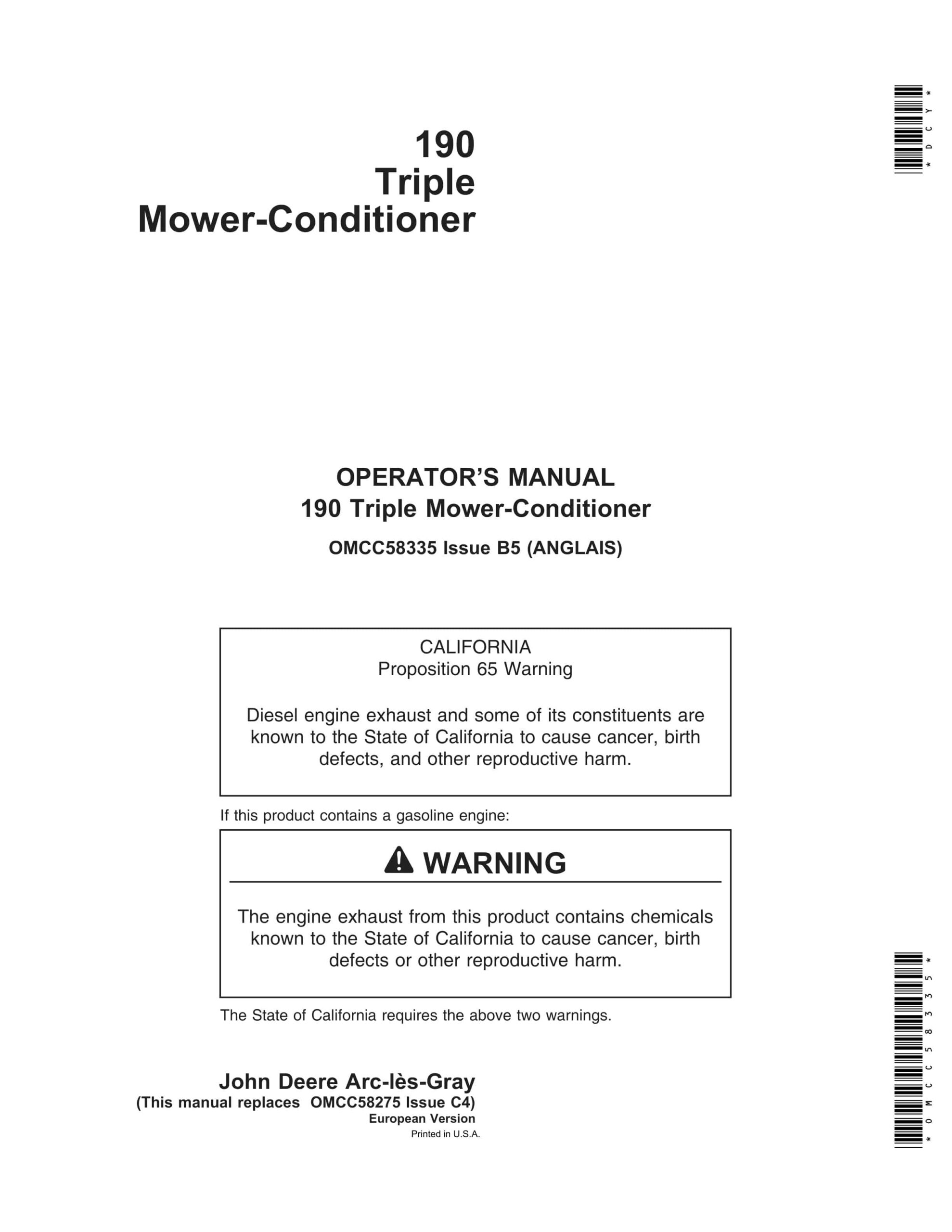 John Deere 190 Triple Mower-Conditioner Operator Manual OMCC58335-1