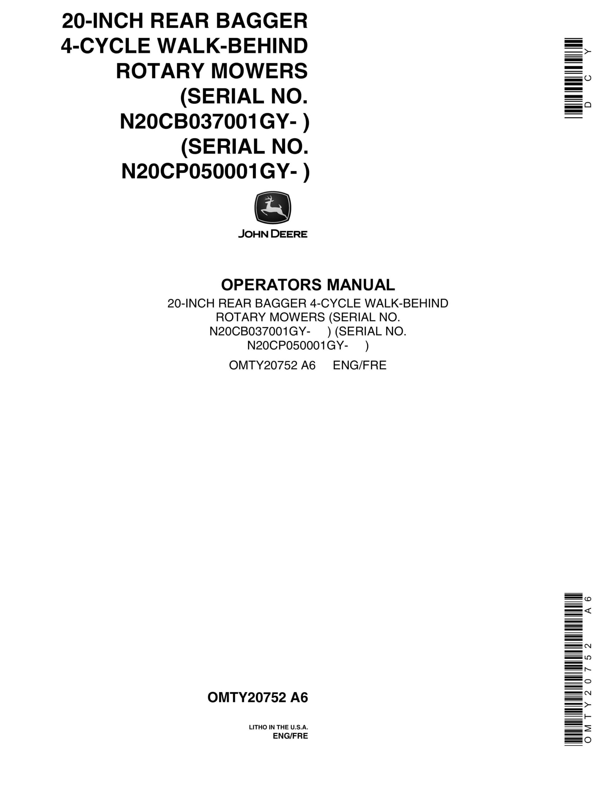 John Deere 20-INCH REAR BAGGER 4-CYCLE WALK Operator Manual OMTY20752-1