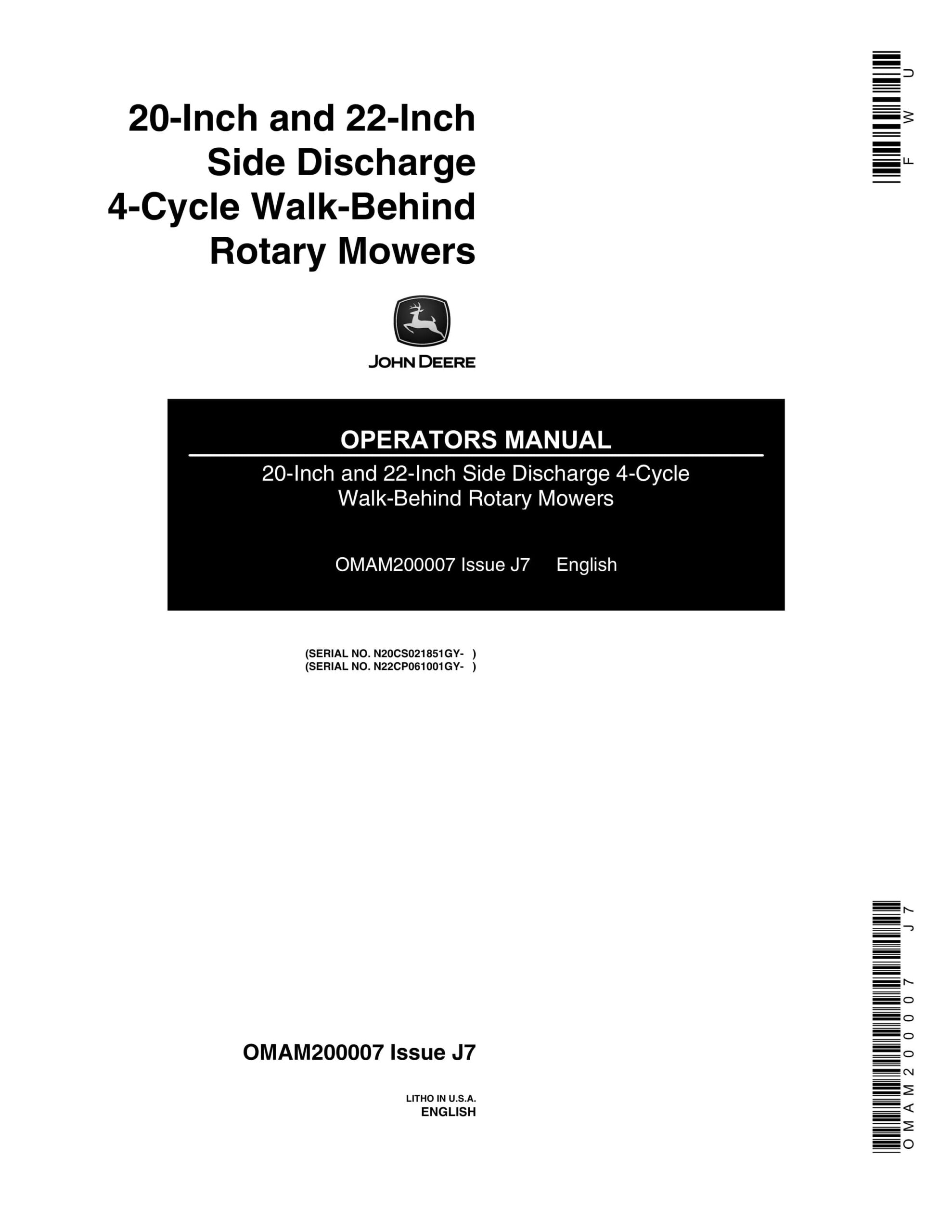 John Deere 20-Inch and 22-Inch Side Discharge 4 Operator Manual OMAM200007-1