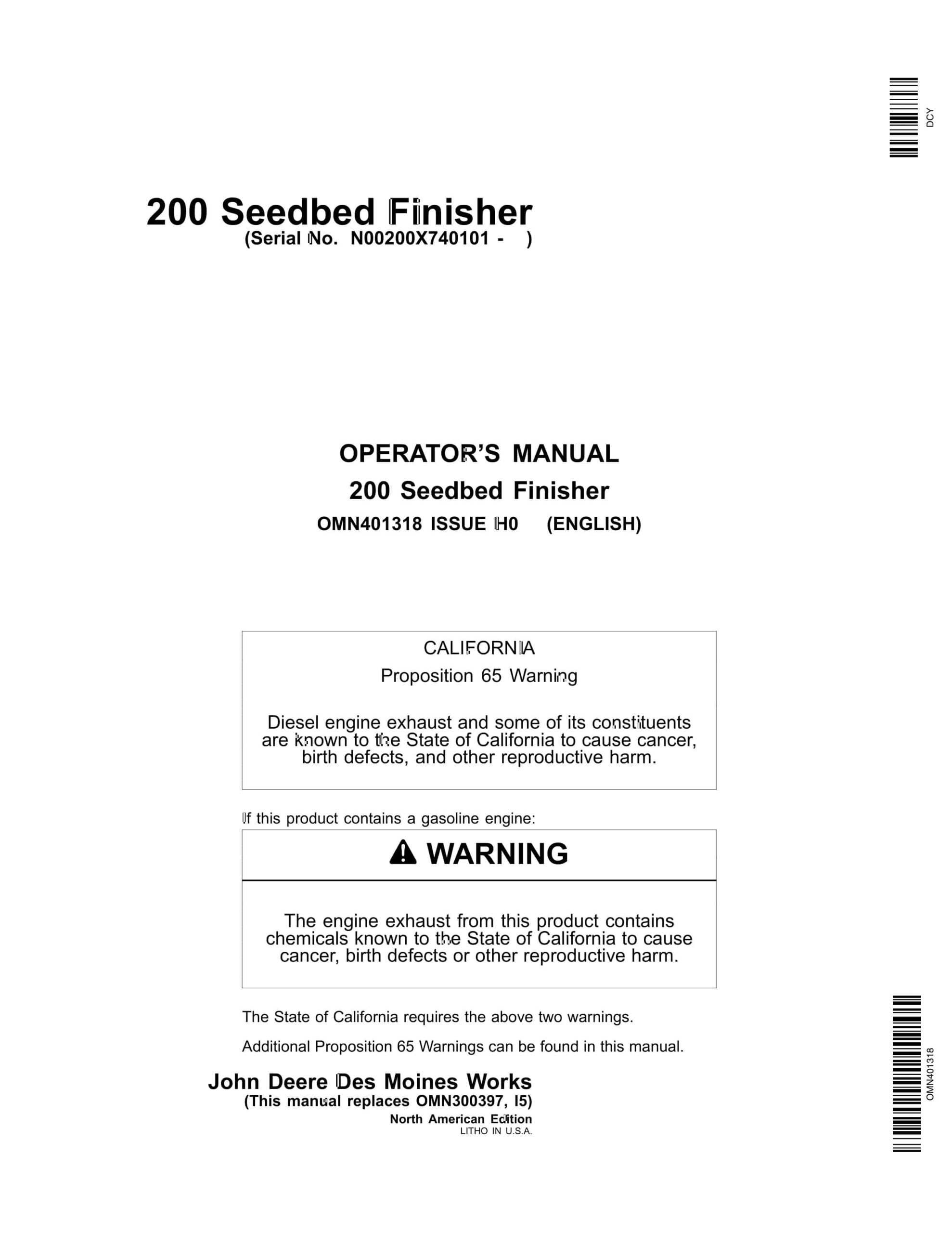 John Deere 200 Seedbed Finisher Operator Manual OMN401318-1