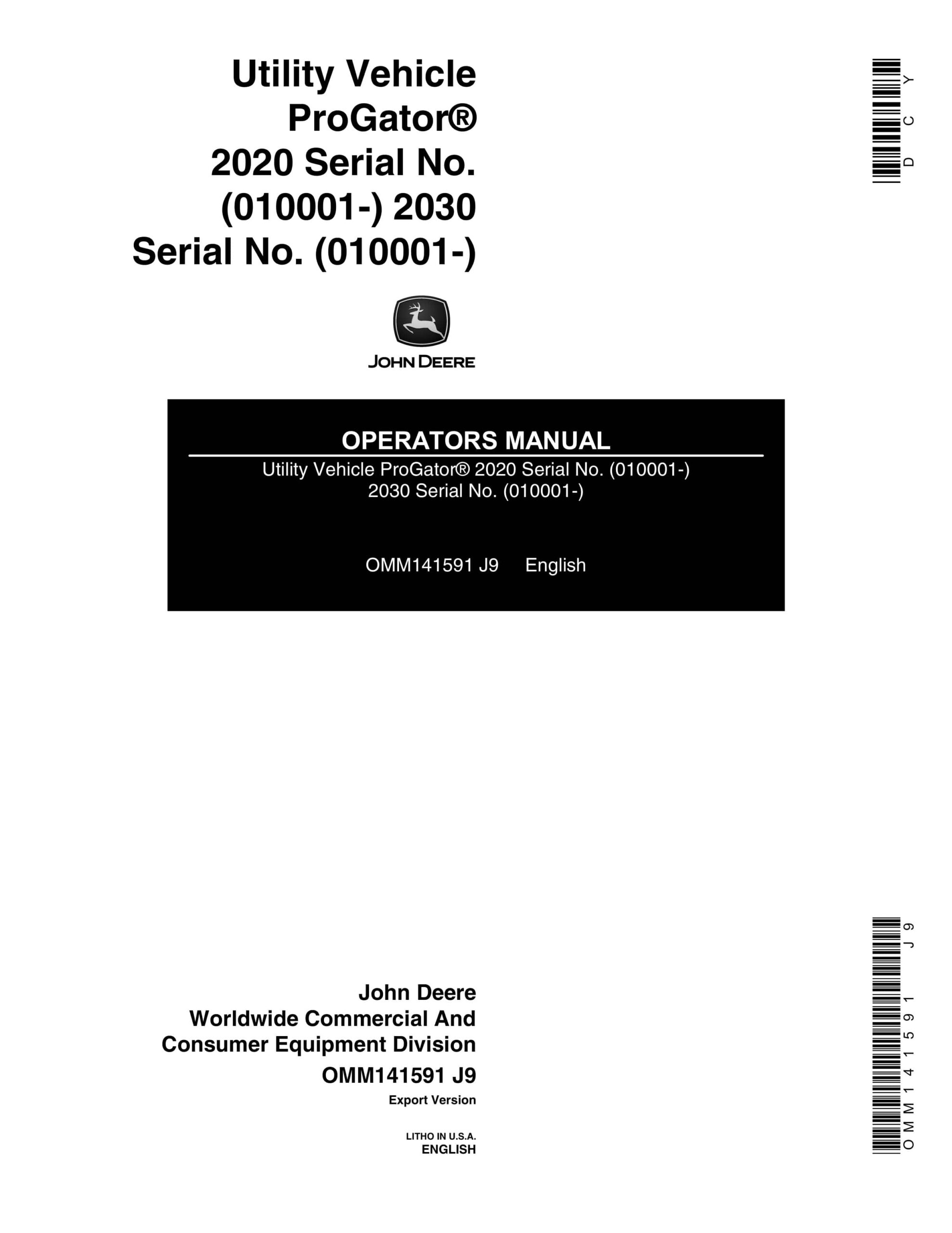 John Deere 2020 2030 ProGator Utility Vehicles Operator Manual OMM141591-1