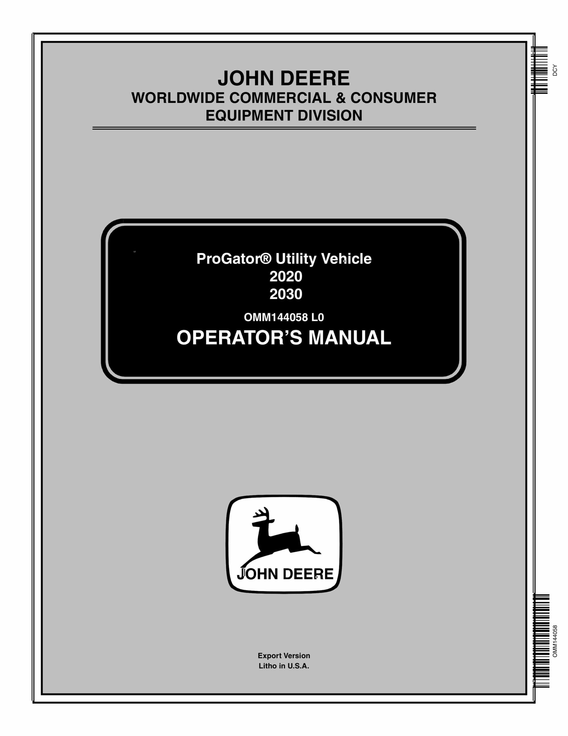 John Deere 2020 2030 ProGator Utility Vehicles Operator Manual OMM144058-1