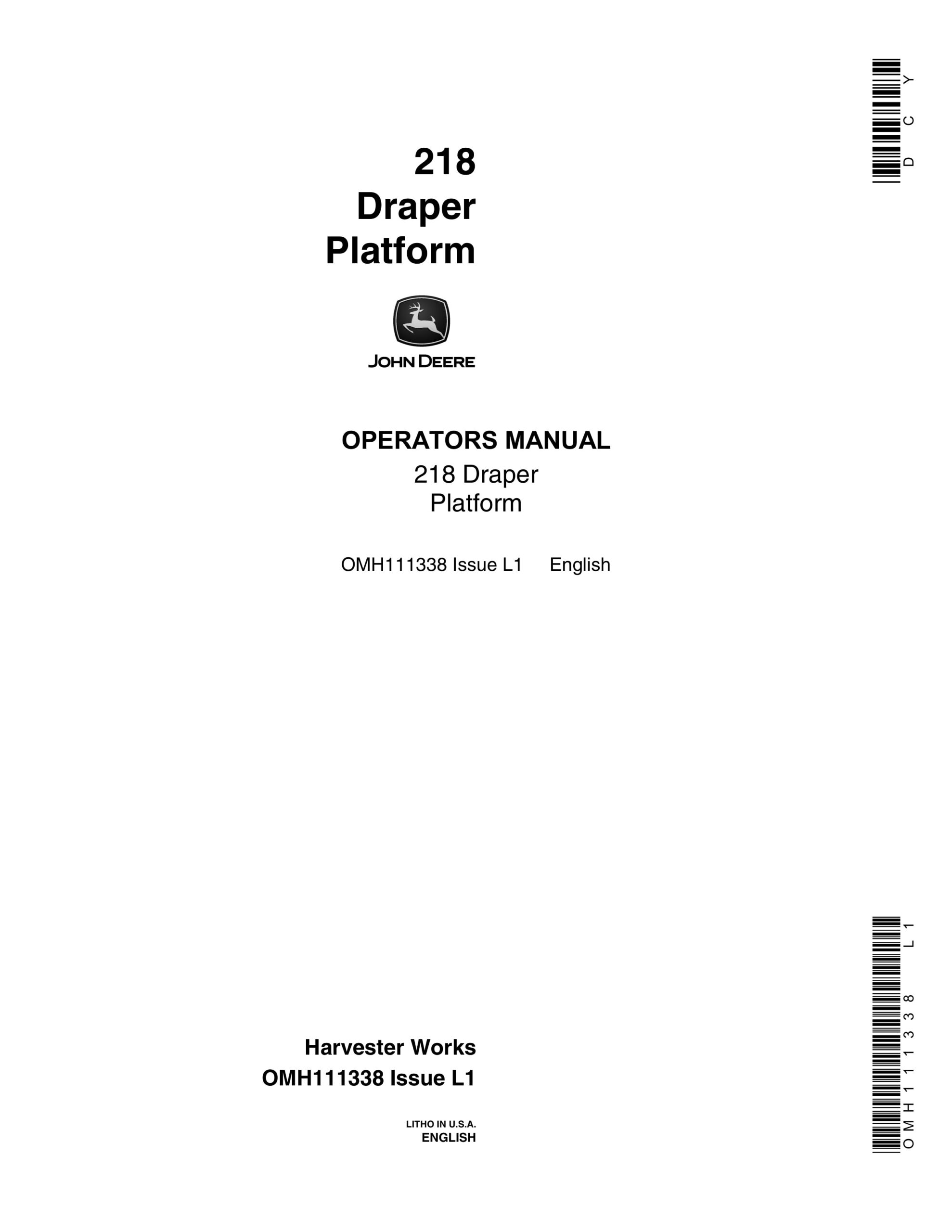 John Deere 218 Draper Platform Operator Manual OMH111338-1