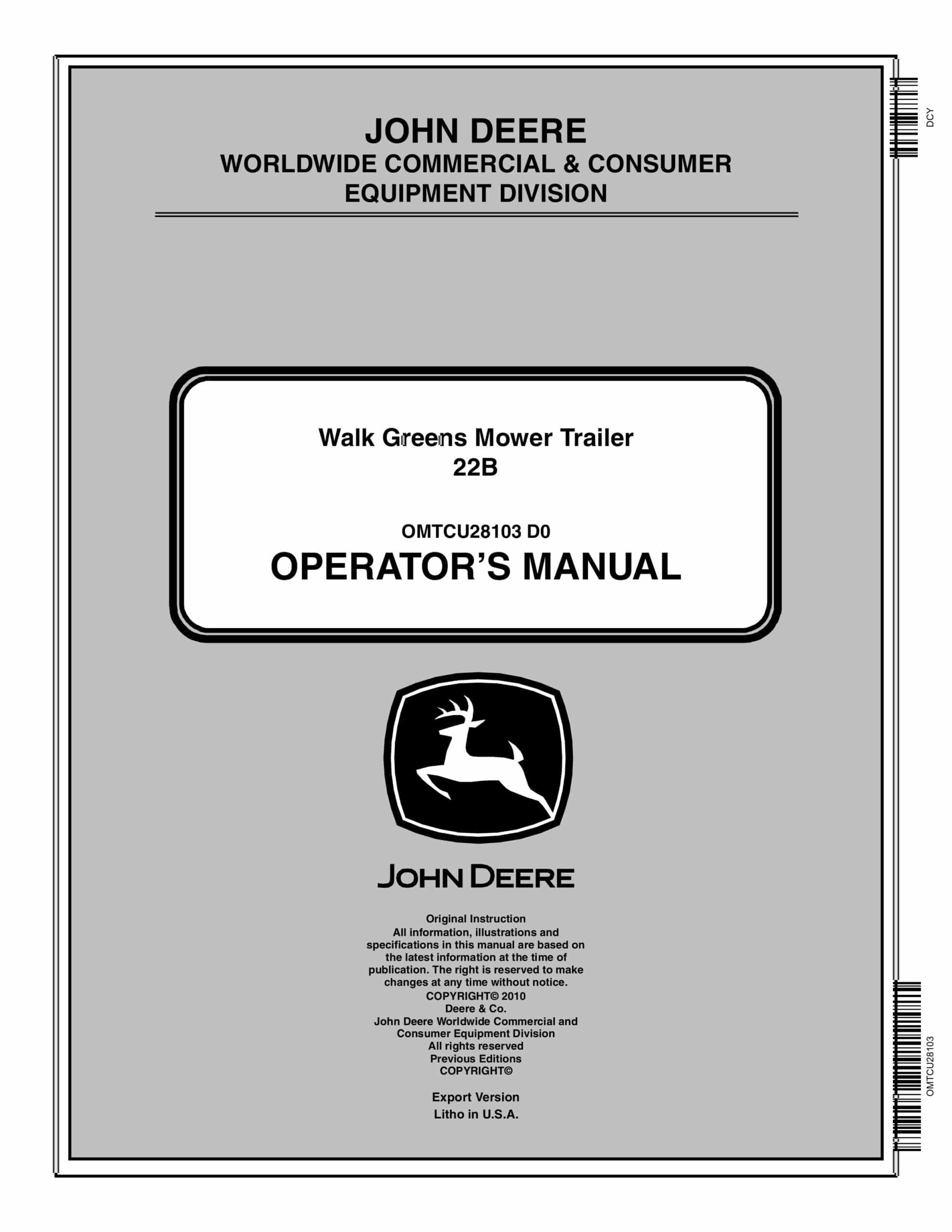 John Deere 22B Walk-Behind Greensmower Trailer Operator Manual OMTCU28103-1