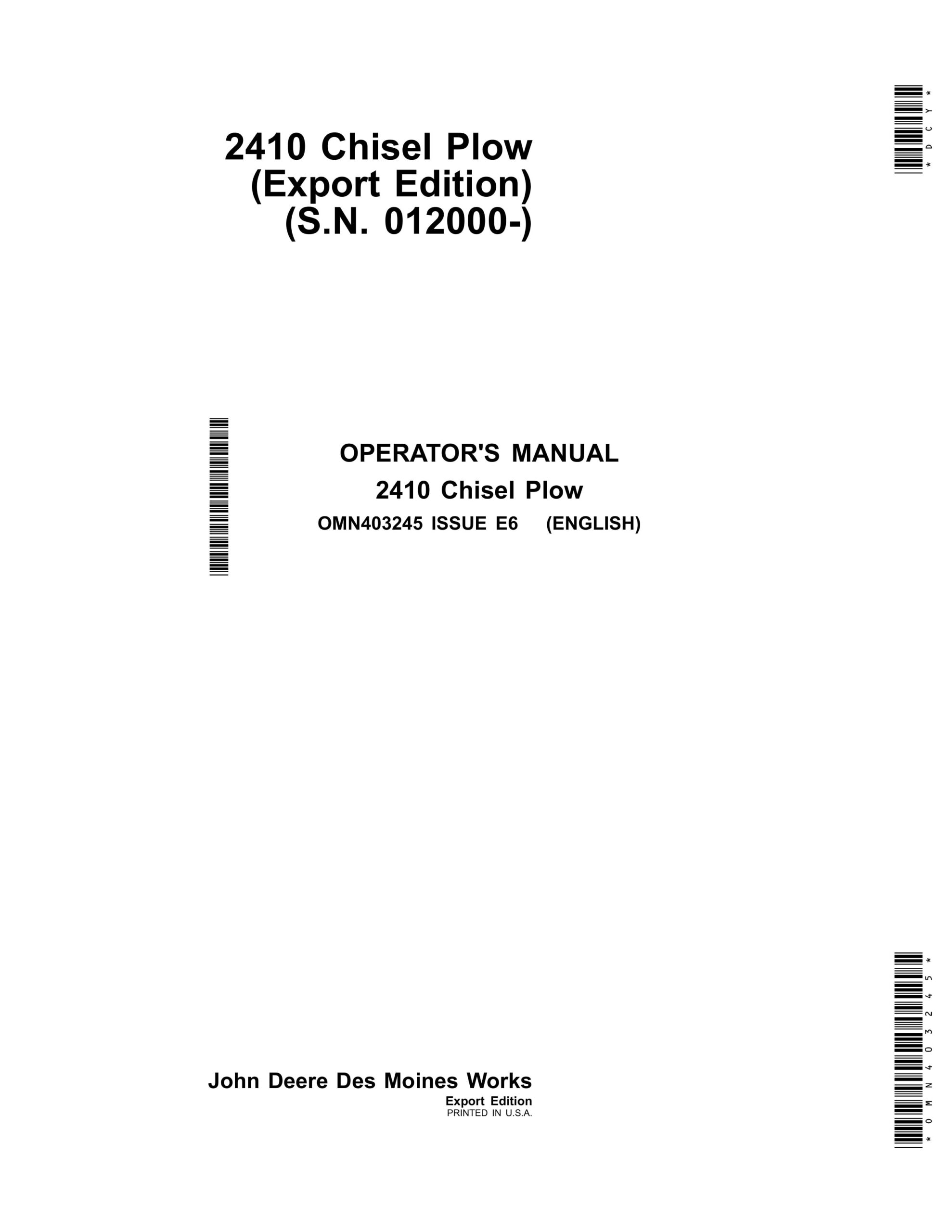 John Deere 2410 Chisel Plow Operator Manual OMN403245-1
