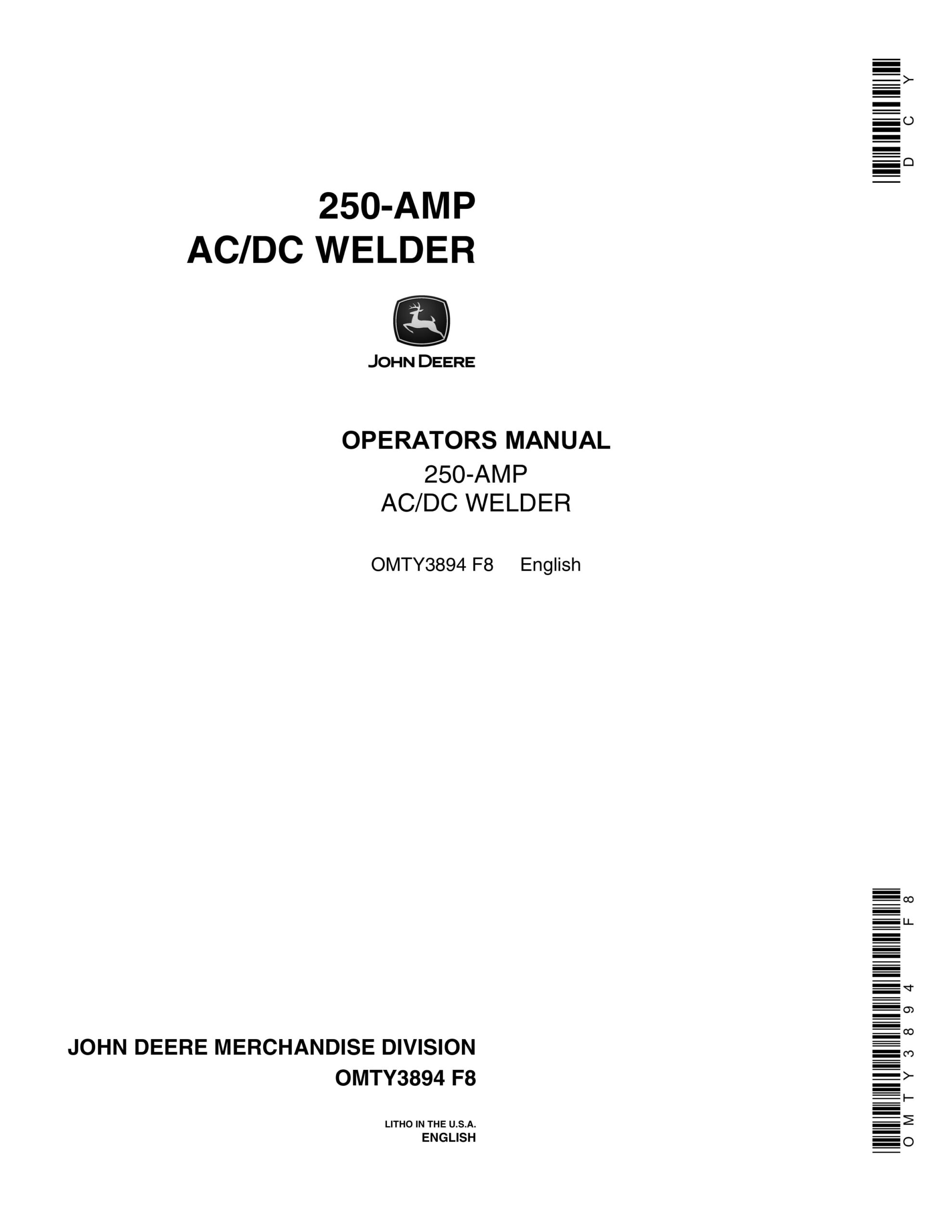 John Deere 250-AMP AC DC WELDER Operator Manual OMTY3894-1