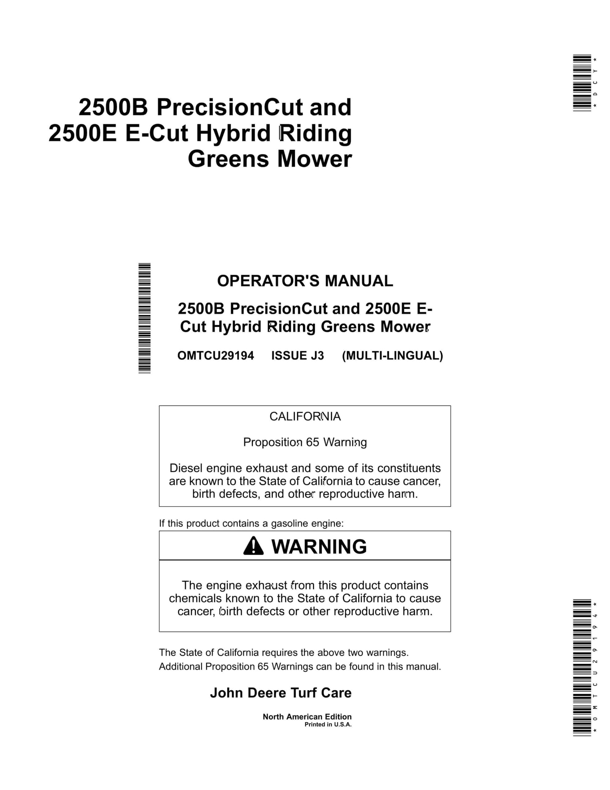 John Deere 2500B PrecisionCut and 2500E E Cut Hybrid Riding Greens Mower Operator Manual OMTCU29194-1