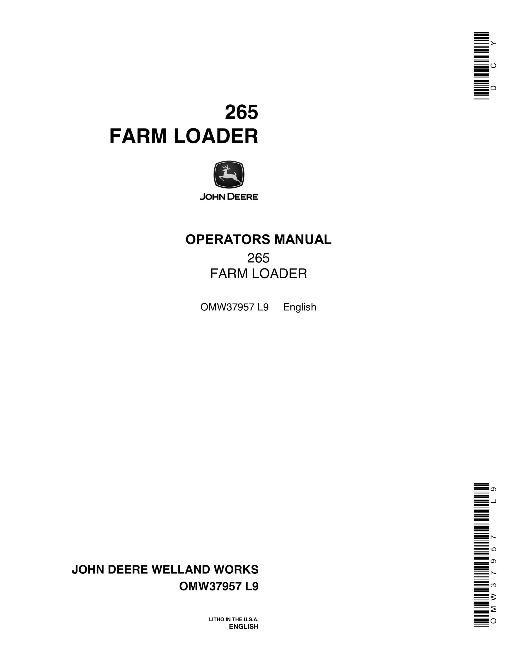John Deere 265 FARM LOADERS Operator Manual OMW37957-1