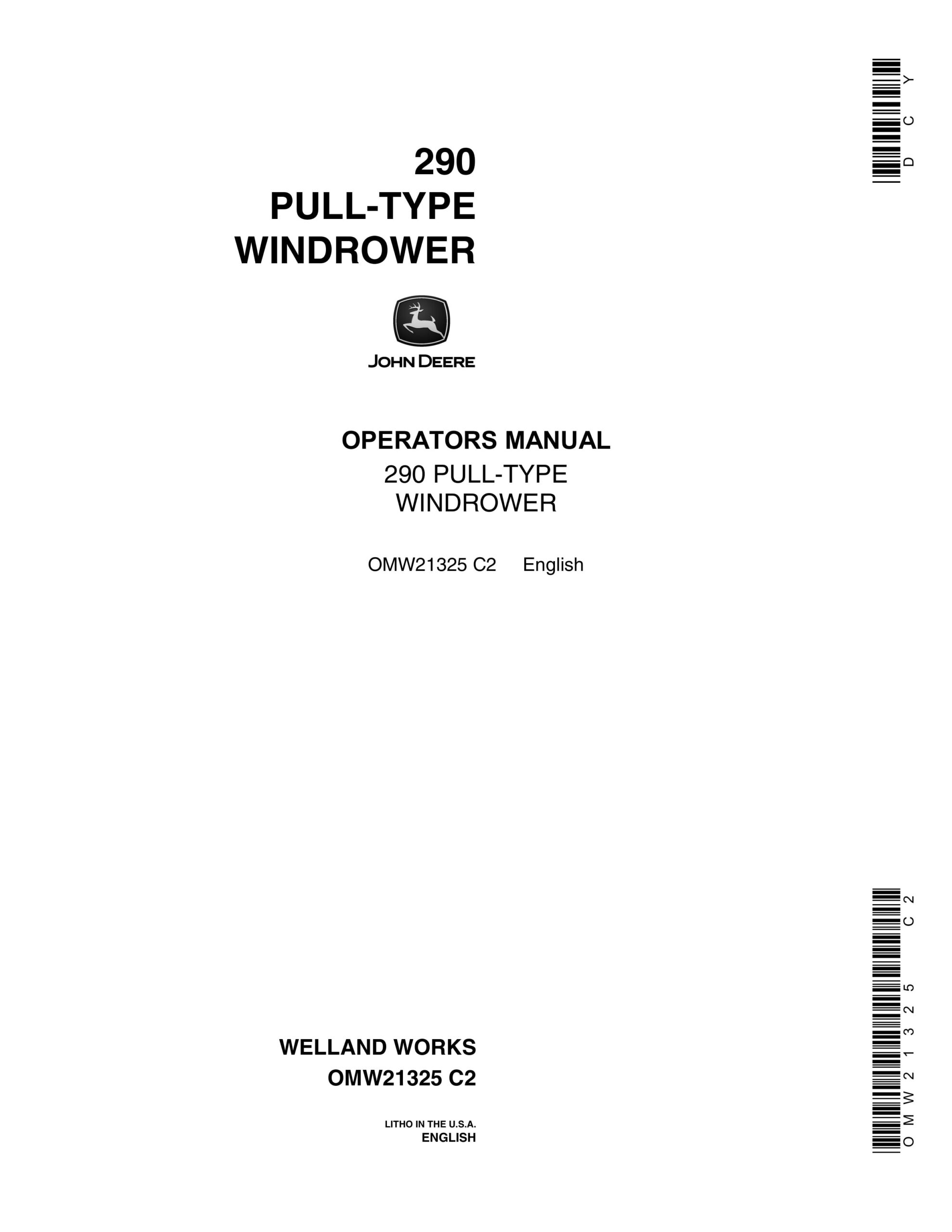 John Deere 290 PULL-TYPE WINDROWER Operator Manual OMW21325-1