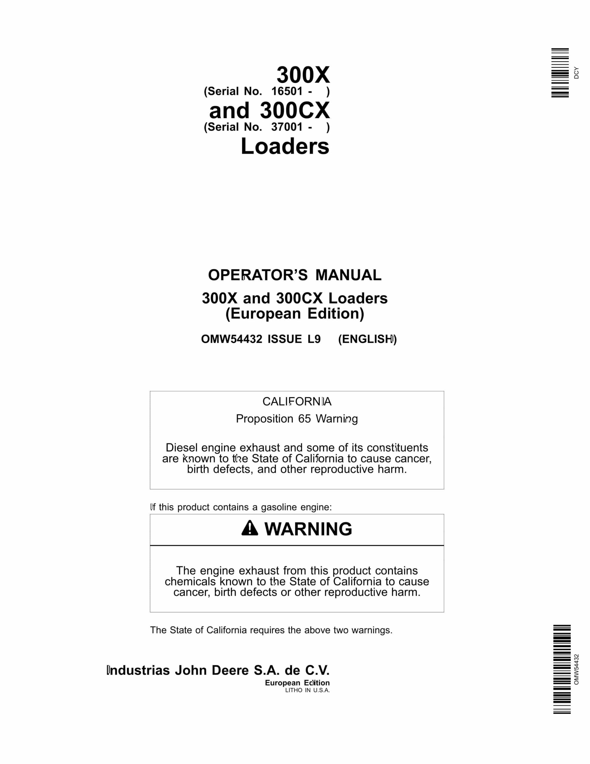 John Deere 300X and 300CX Loader Operator Manual OMW54432-1