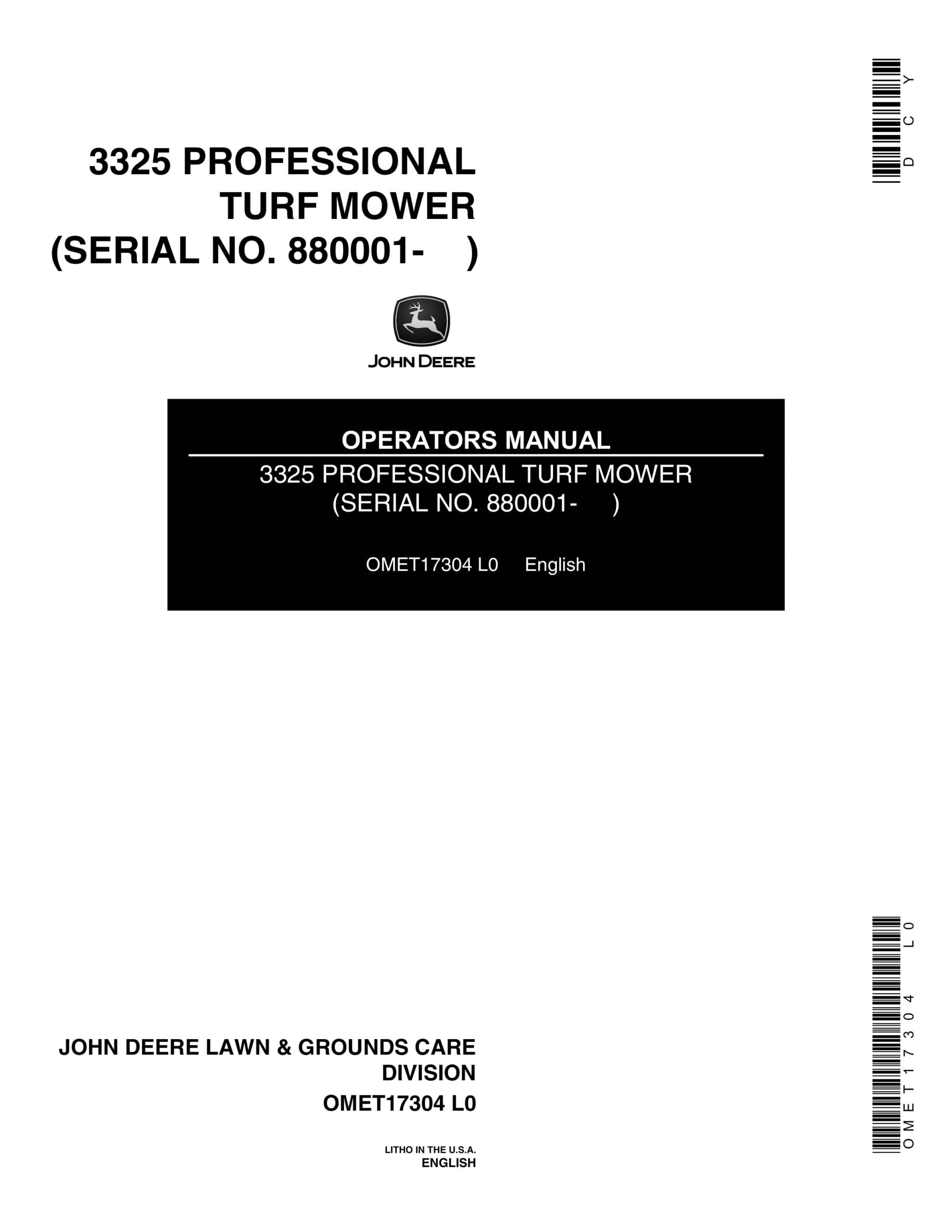 John Deere 3325 PROFESSIONAL TURF MOWER Operator Manual OMET17304-1