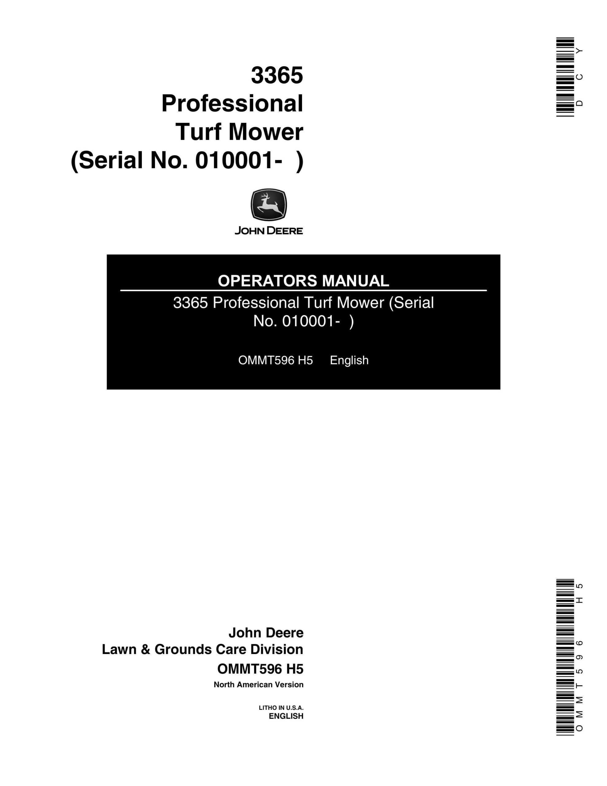 John Deere 3365 Professional Turf Mower (Serial No. 010001- ) Operator Manual OMMT596-1