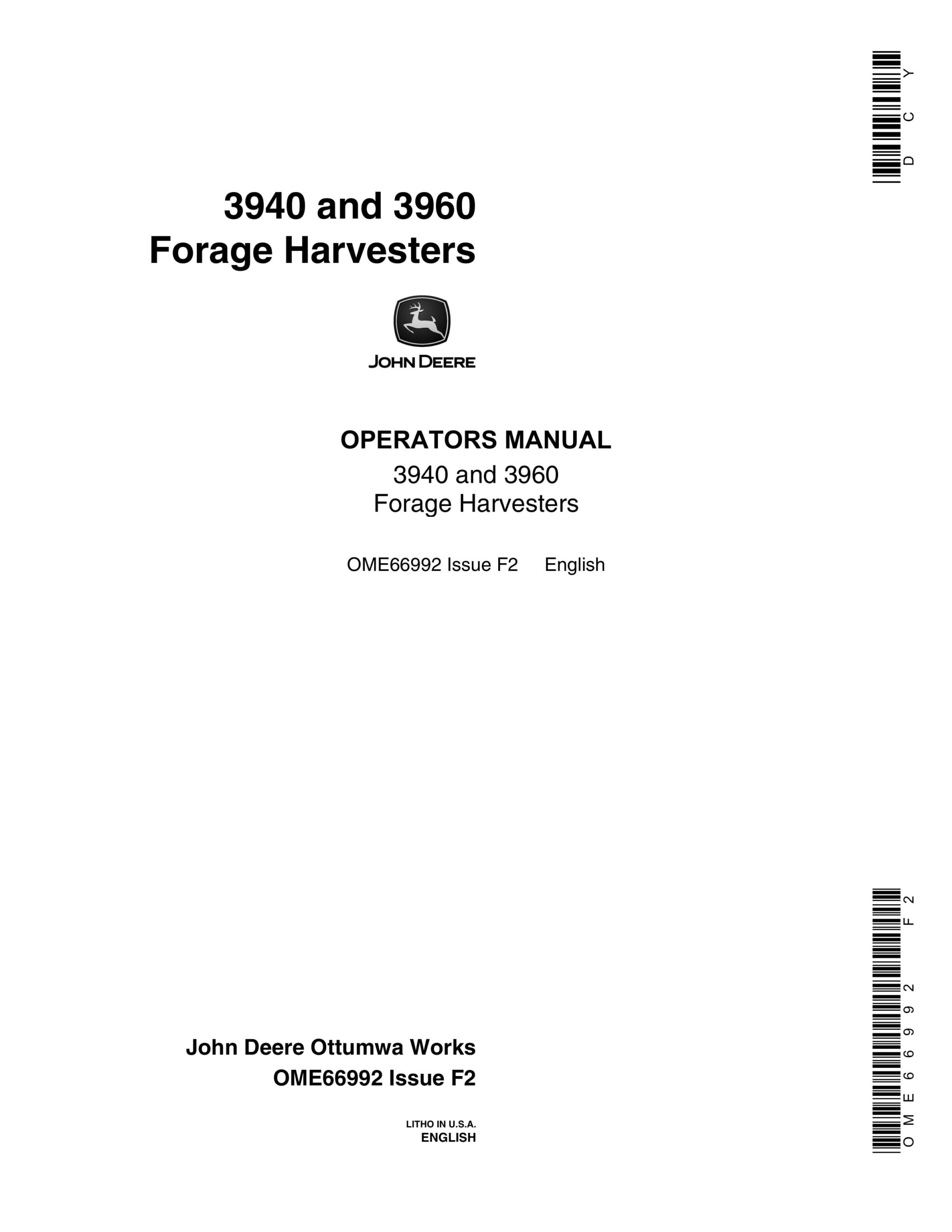 John Deere 3940 and 3960 Forage Harvesters Operator Manual OME66992-1
