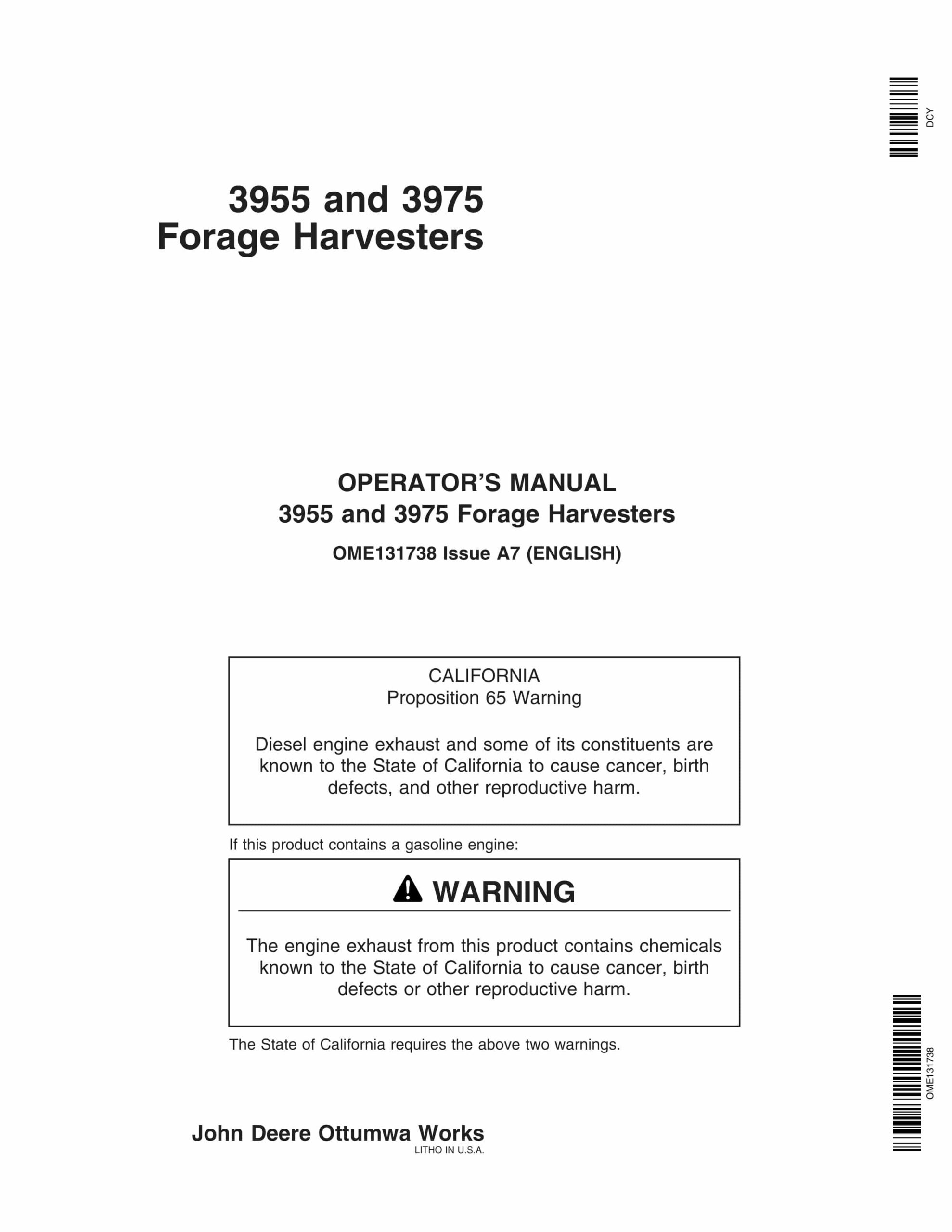 John Deere 3955 and 3975 Forage Harvesters Operator Manual OME131738-1