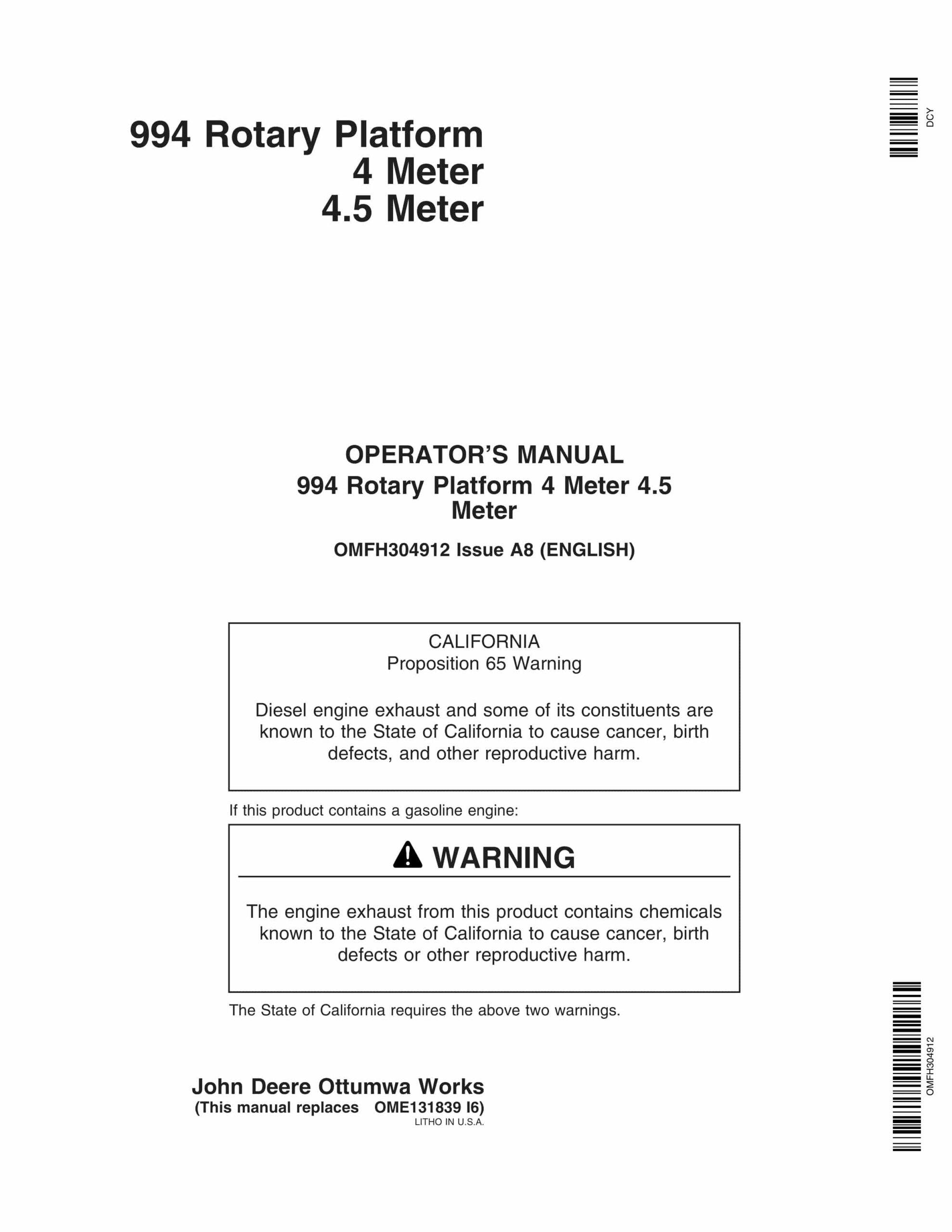 John Deere 4 Meter 4.5 Meter 994 Rotary Platform Operator Manual OMFH304912-1