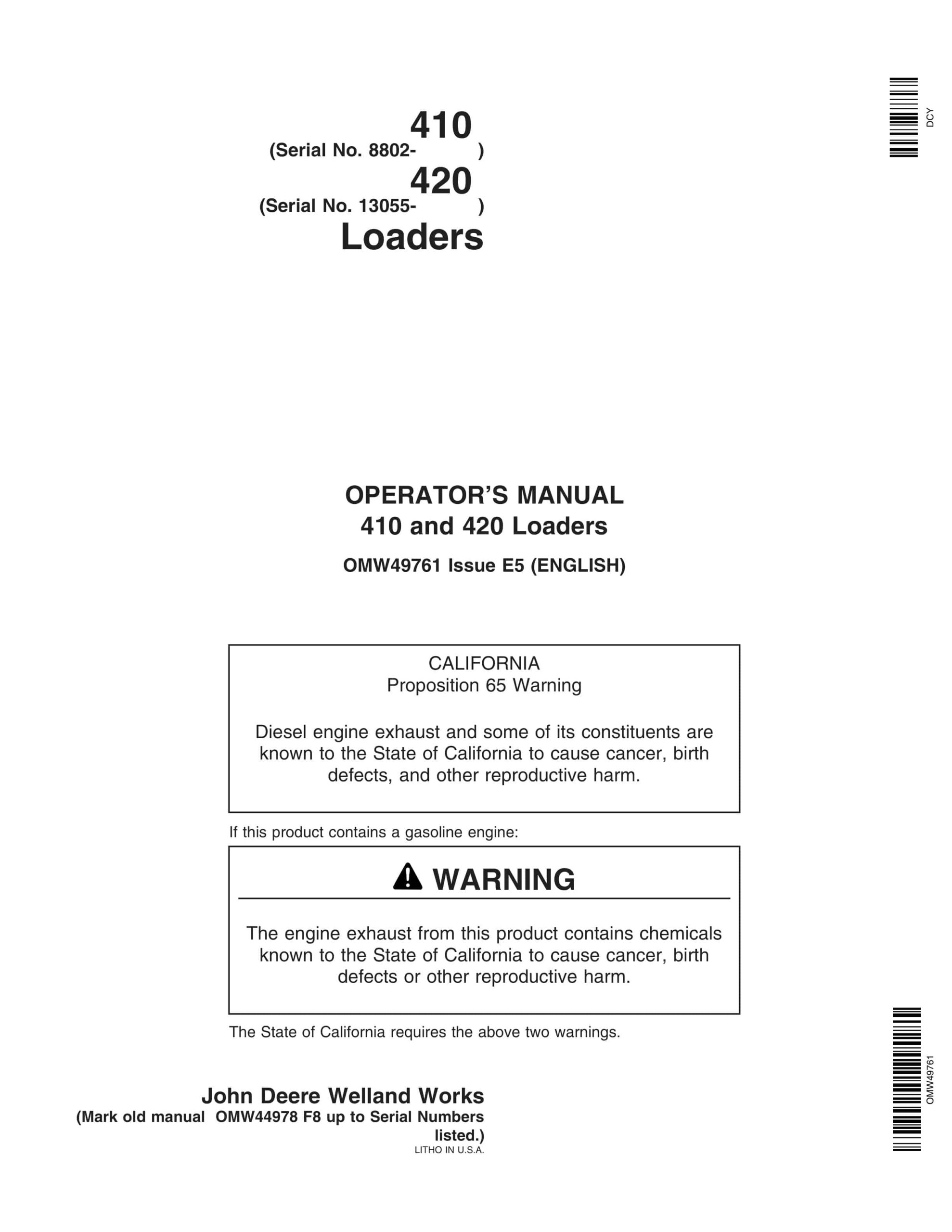 John Deere 410 and 420 Loader Operator Manual OMW49761-1