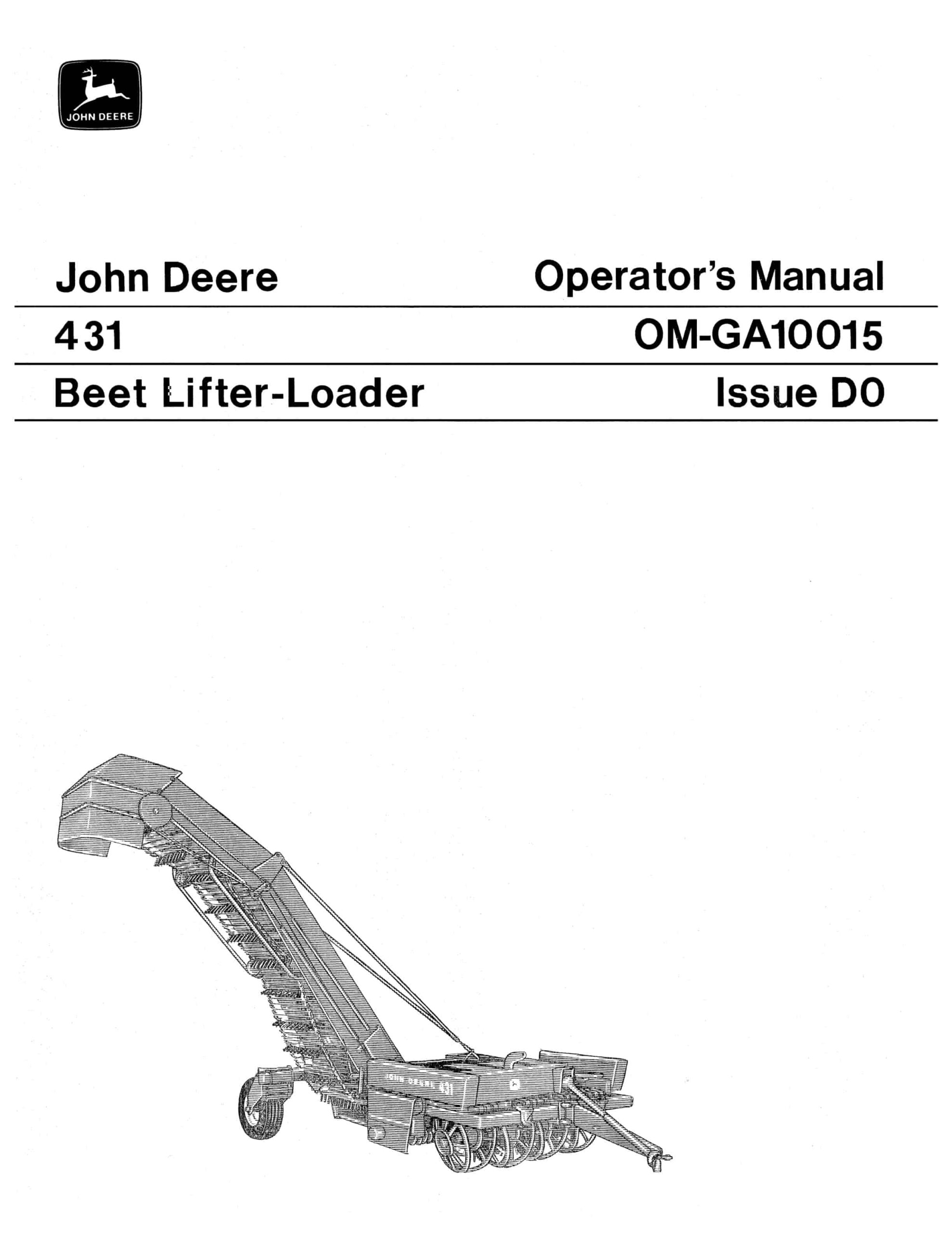 John Deere 431 BEET LIFTER-LOADERS Operator Manual OMGA10015-1