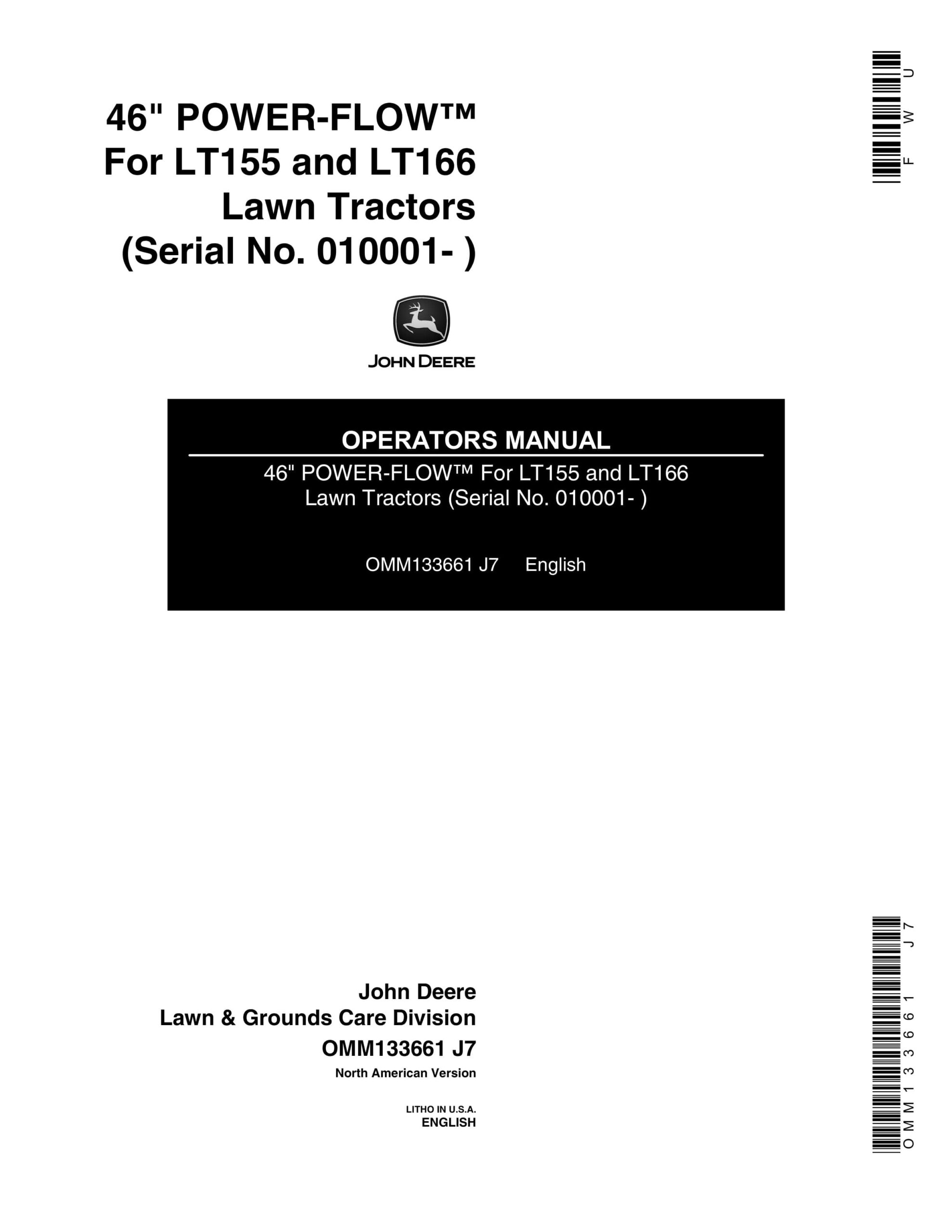 John Deere 46 POWER-FLOW For LT155 and LT166 Lawn Tractors Operator Manual OMM133661-1