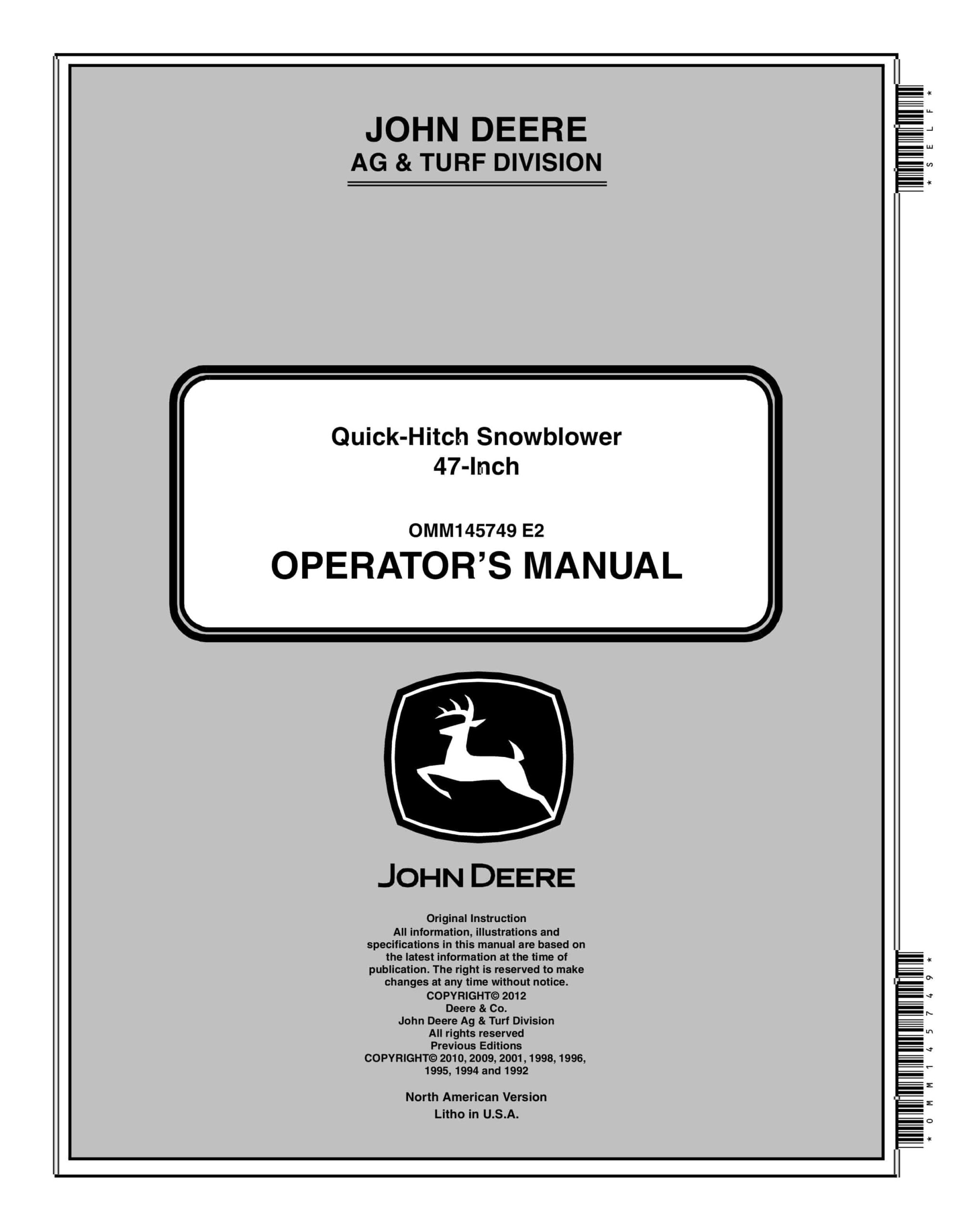John Deere 47-Inch Quick-Hitch Snowblower Operator Manual OMM145749-1