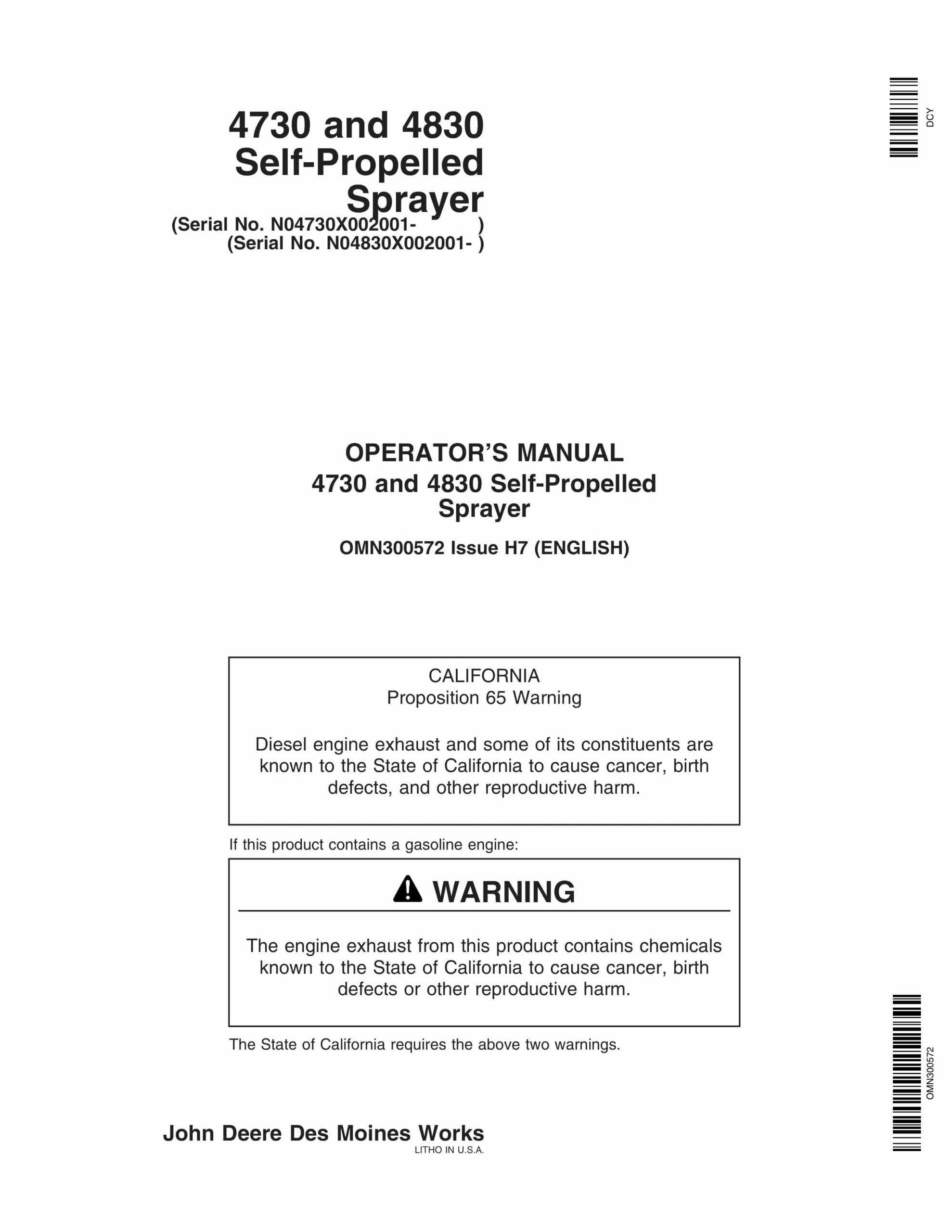 John Deere 4730 and 4830 Self-Propelled Sprayer Operator Manual OMN300572-1
