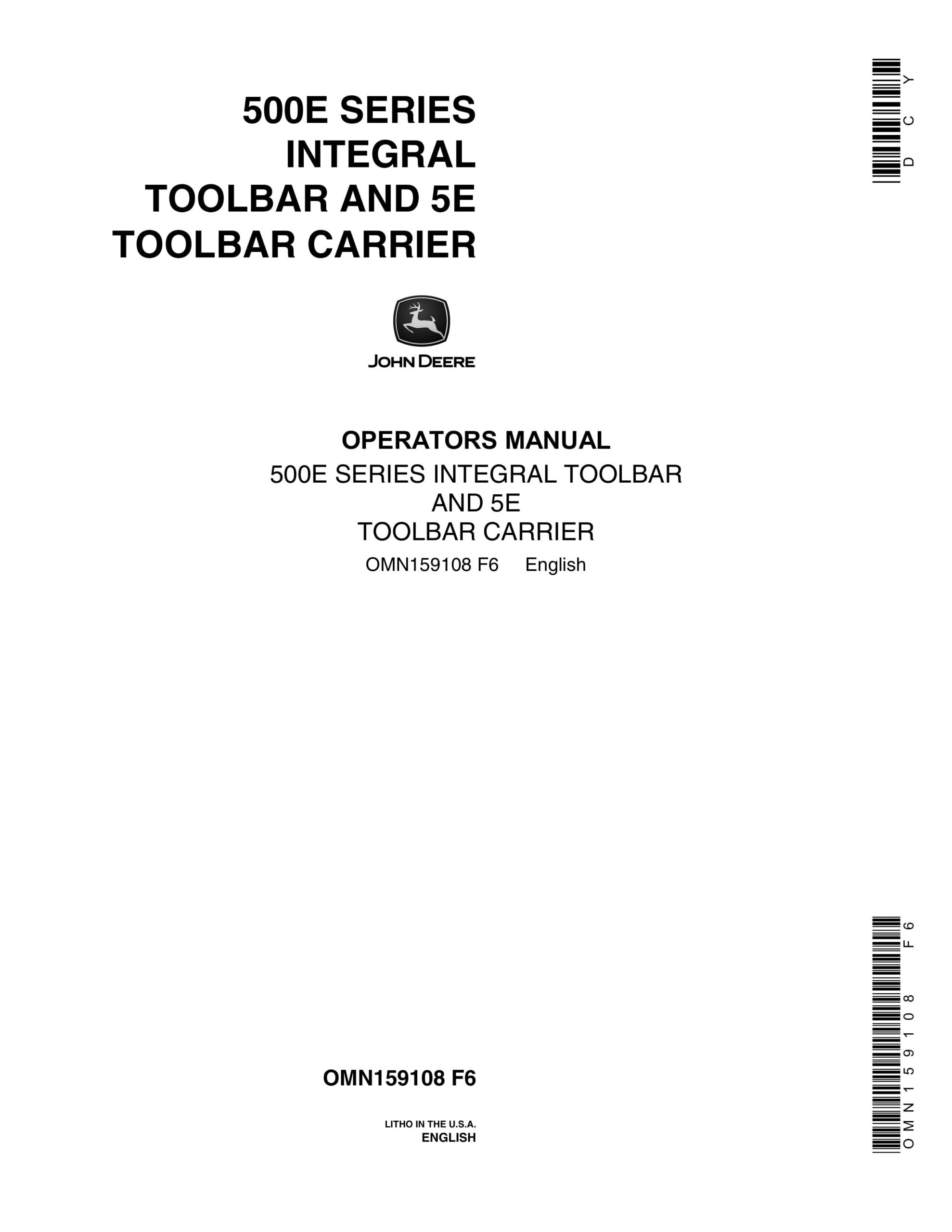 John Deere 500E SERIES INTEGRAL TOOLBAR AND 5E TOOLBAR CARRIER Operator Manual OMN159108-1