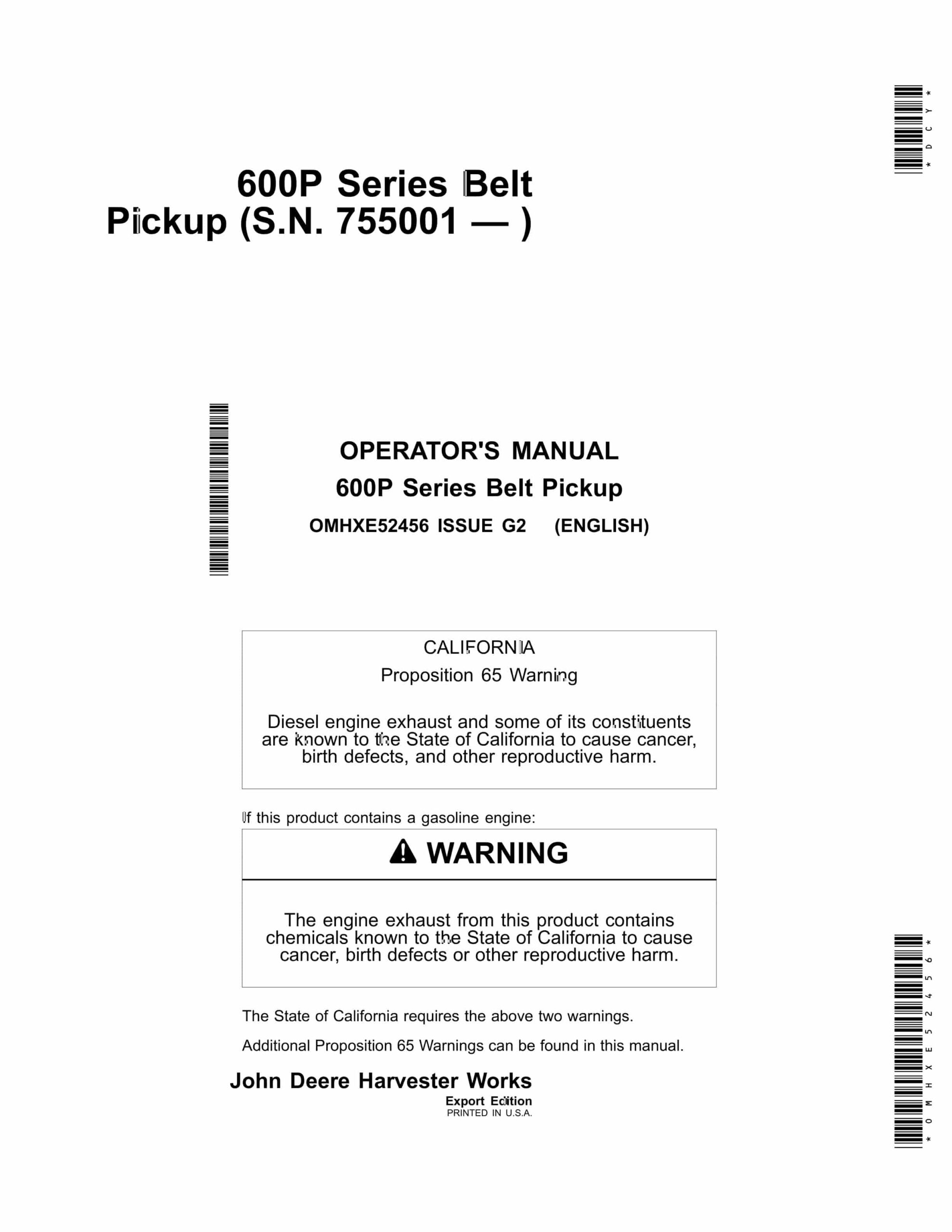 John Deere 600P Series Belt Pickup Operator Manual OMHXE52456-1