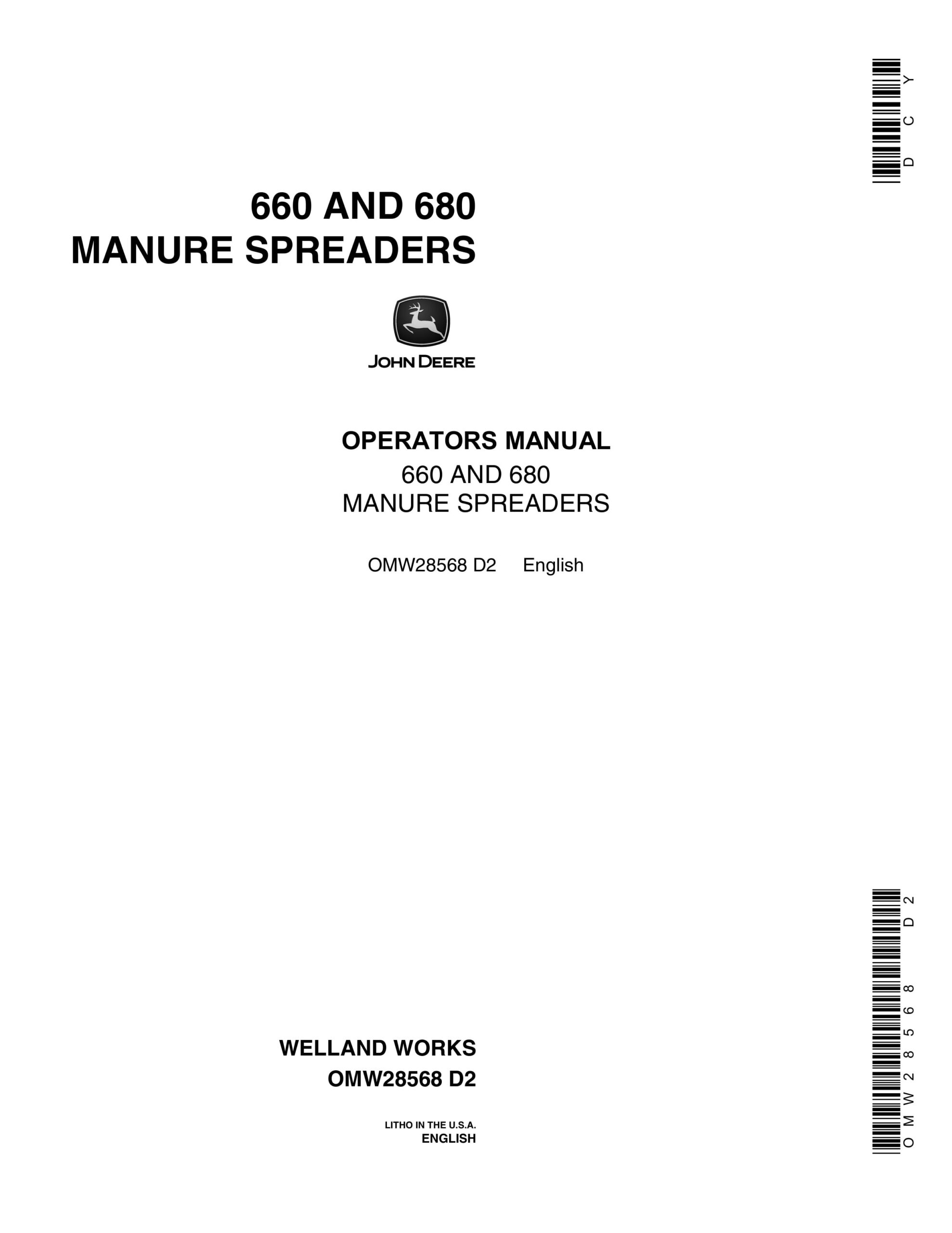 John Deere 660 AND 680 MANURE SPREADER Operator Manual OMW28568-1