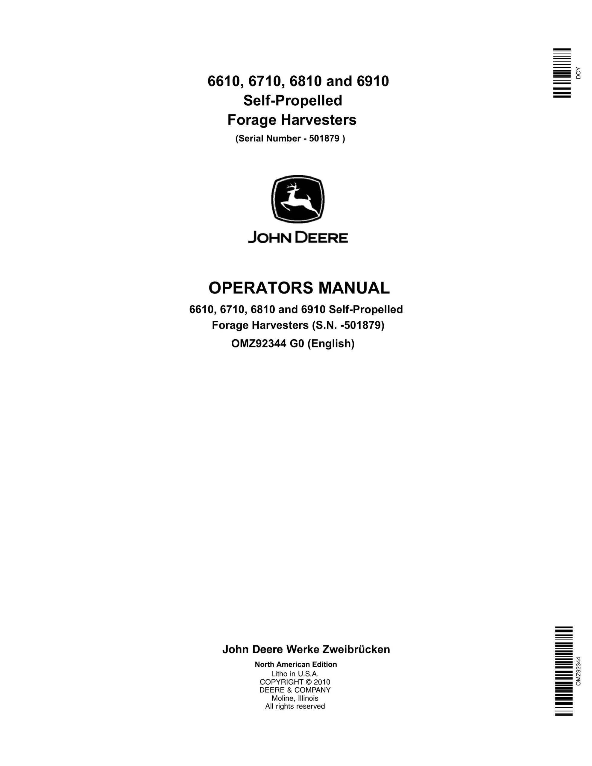 John Deere 6610, 6710, 6810 and 6910 Self-Propelled Forage Harvesters Operator Manual OMZ92344-1