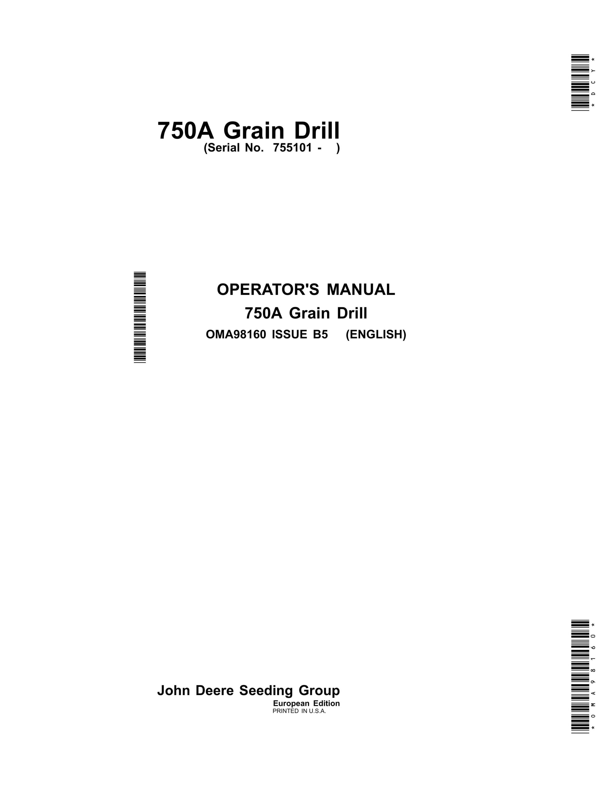John Deere 750A Grain Drill Operator Manual OMA98160-1